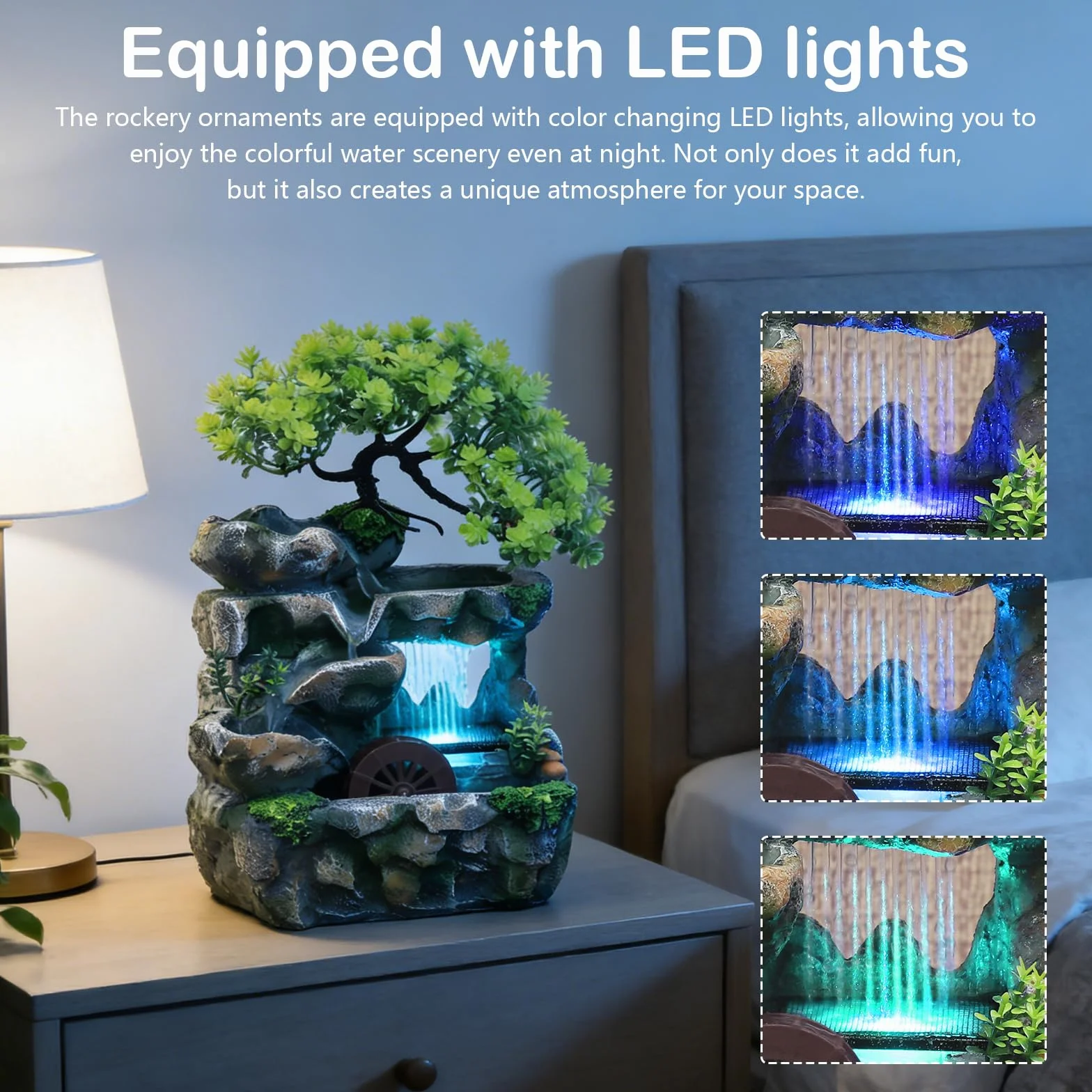 Fuente Agua Decorativa, Fuente de Interior con Iluminación LED Fuente de Mesa de Resina Cascada de Meditación Zen con Rueda Feng Shui Bomba Silenciosa Decoración de Mesa para Escritorio