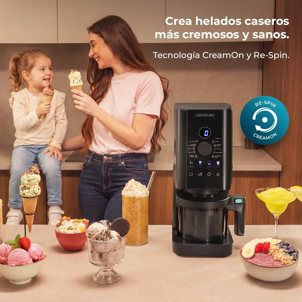 Cecotec Máquina de Helados - Heladera - 1,35L - Gelatec 1800. 700W, 10 Programas, Botones Táctiles y Mando Giratorio, Helados y Bebidas en 3 Pasos, 3 Tarrinas BPA Free, Cremosidad Perfecta