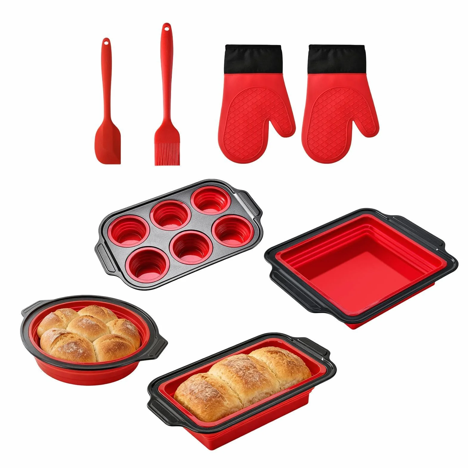 Juego de Moldes de Silicona para Hornear apilable y apto al lavavajillas | Incluye Guante, Espátula y Cepillo Para pan, galletas, huevos, horno, tostadora