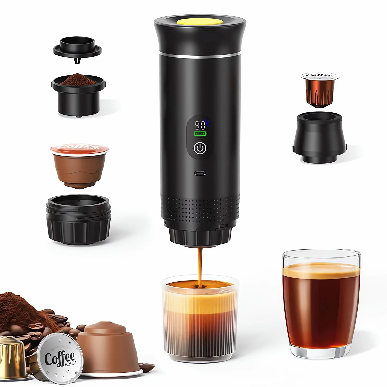 Portable Coffee Maker 3 en 1 Espresso Machine USB-C Mini Electric Hot Water Coffee Maker Compatible with Ness-Preso, Dolce-Gusto and Ground Coffee Capsules