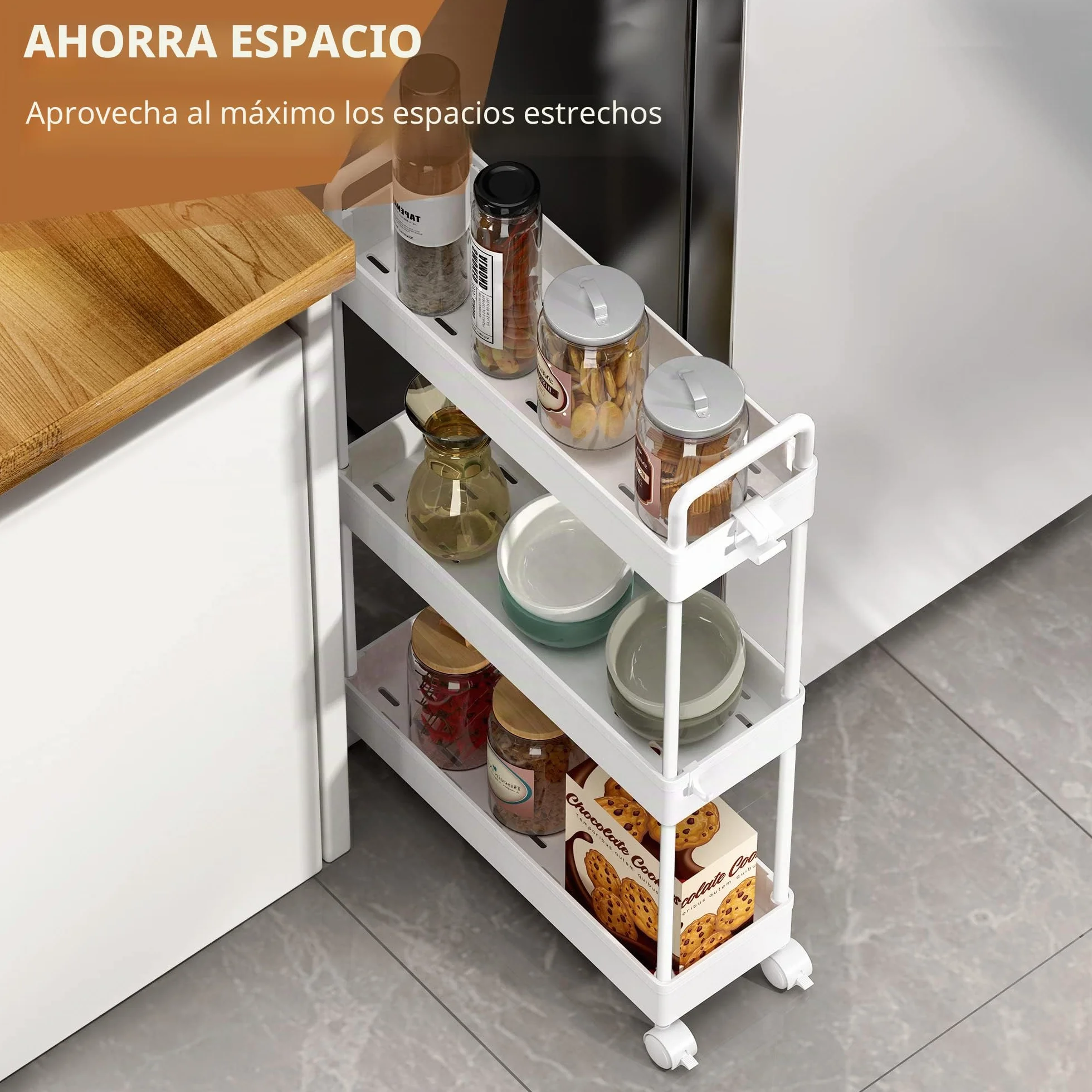 SOLEJAZZ Carro de Almacenamiento de 3 Niveles, Deslizante, Delgado, utilitario, Organizador de estantes de Almacenamiento móvil para Cocina, baño, lavandería, Lugares Estrechos, plástico, Blanco