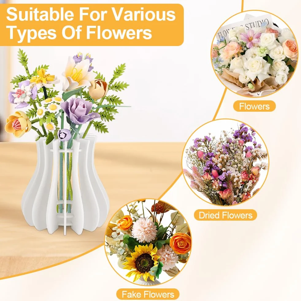 Jarrón Puzzle De Madera,Jarrón de Madera para Lego Flores,Kit de jarrón de Madera para Rosas Lego para Lego Rosas,Cerezo,Girasoles,Tulipanes,para Decoración Escritorio,Blanco