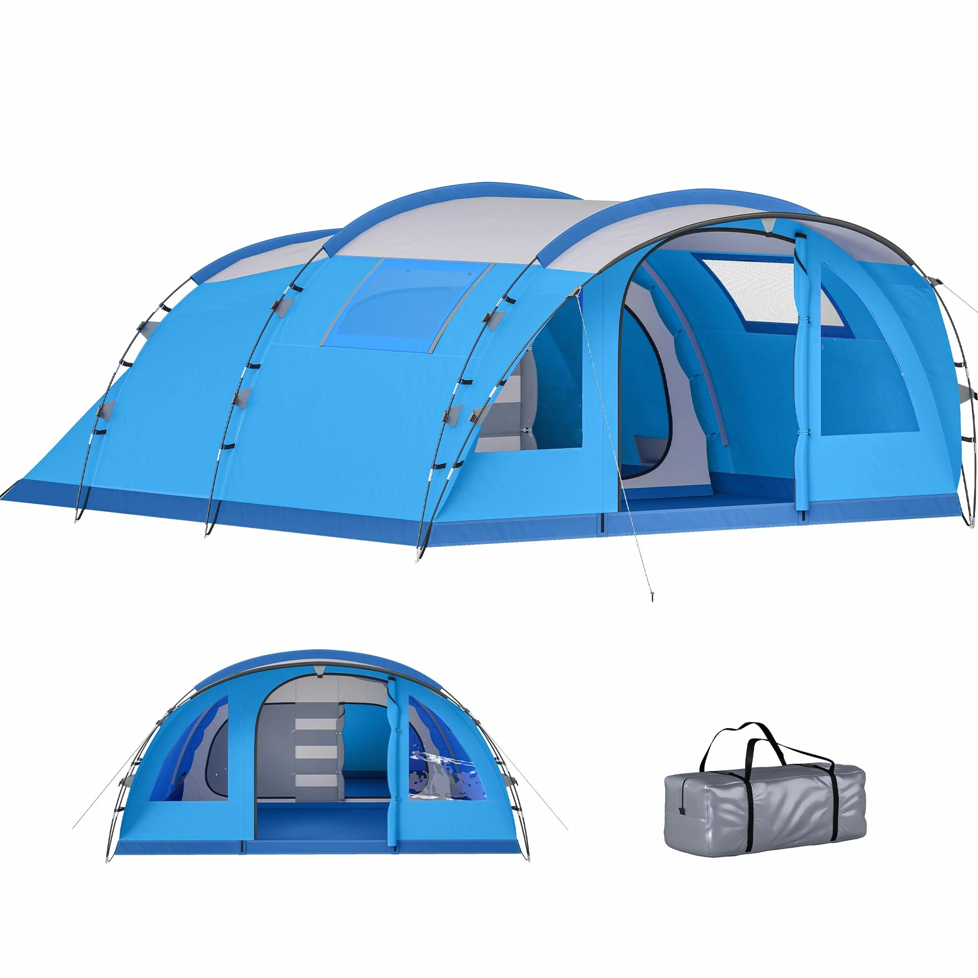 Outsunny Tienda de Campaña Familiar 5 Personas Tipo Túnel 3 Habitaciones Impermeable 3000 mm Azul