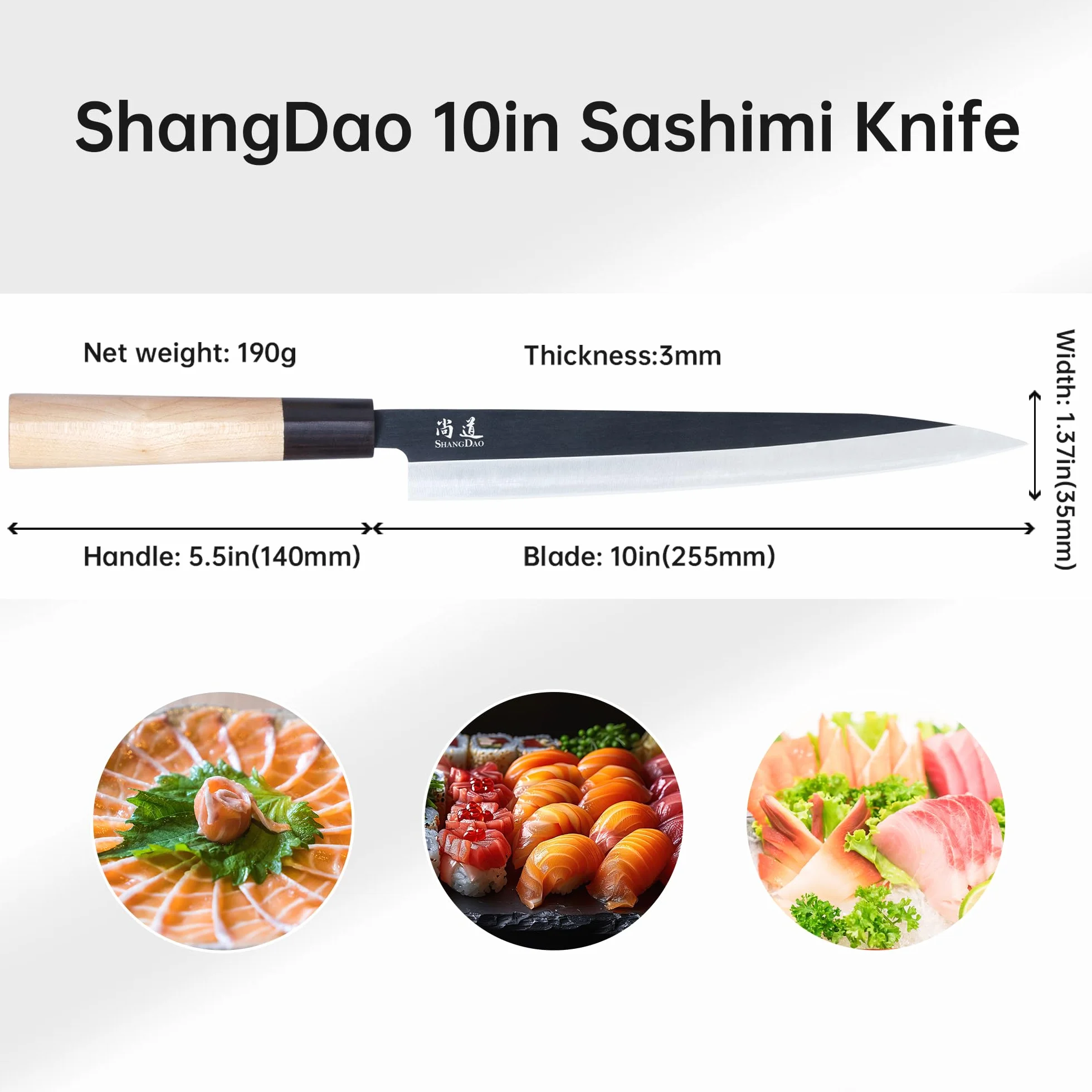 SHANGDAO Cuchillo Sashimi de sushi de 25 cm – Cuchillo de corte de carne y cuchillo Yanagiba, fileteado y corte de pescado, acero alemán y mango de madera tradicional, caja de regalo