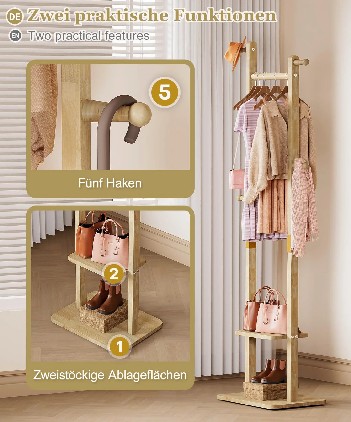 YORBAY Perchero de madera de pie: Burro Ropa con 2 estantes, 5 ganchos y 1 barra, ideal para guardar ropa, sombreros, chaquetas y bolsos, ideal para sala de estar Recibidor Dormitorio