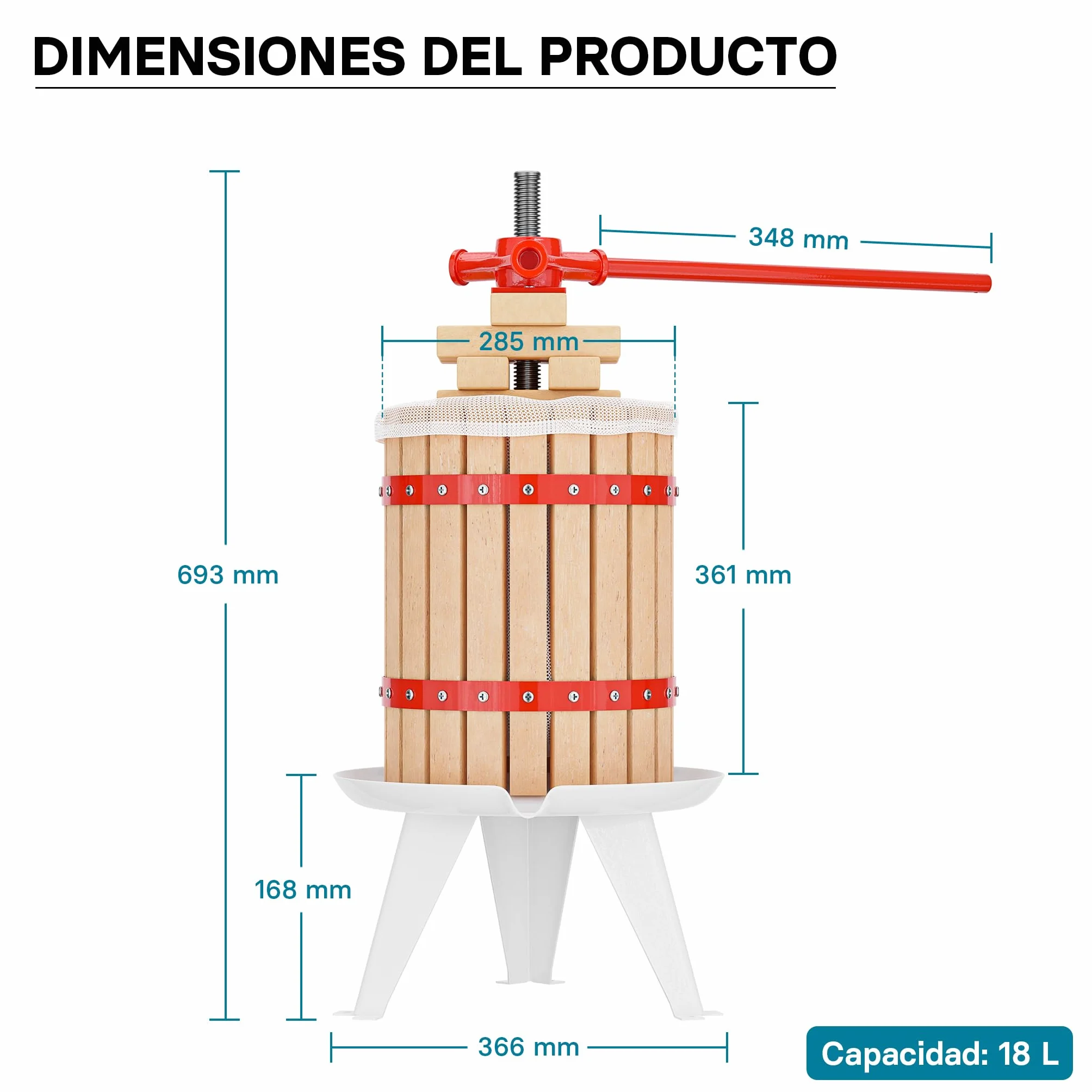 Wiltec Prensa de frutas 18 litros con paño de prensado, prensa para mosto, prensa de vino, prensa de manzanas