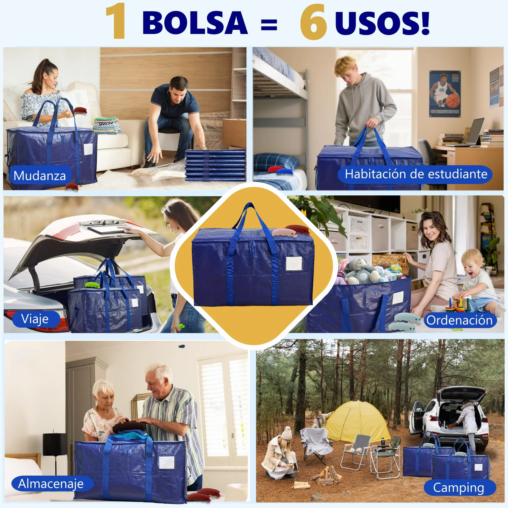 AXAM Pack de 4 Bolsas de Mudanza Grandes XL 91L – Almacenaje de Ropa Resistente e Impermeable – Alternativa a Cajas de Cartón – Reutilizables con Asas de Silicona
