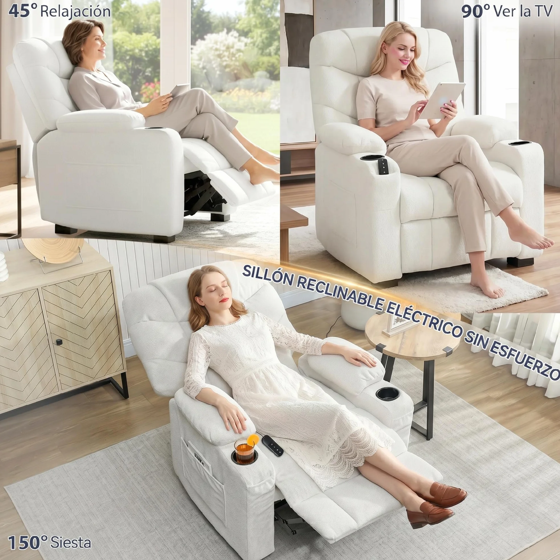 HOMCOM Sillón Relax Reclinable Eléctrico, Sillón Reclinable Silencioso con Función Memoria, Reposapiés, Mando a Distancia, Bolsillos Laterales, Portavasos y Puerto USB, para Dormitorio, Salón, Crema