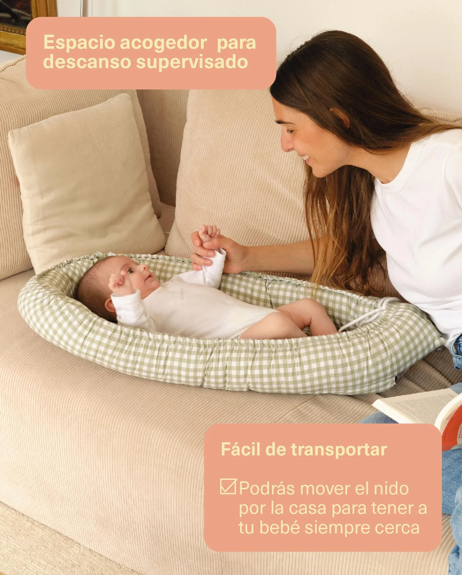 molis&co. Nido de Bebé 90 x 50 cm. Reductor de Cuna o Nido de Colecho para Bebe. Algodón. Cuna Portátil o de Viaje para recién Nacido. Mint Tea. Oeko-Tex 100.