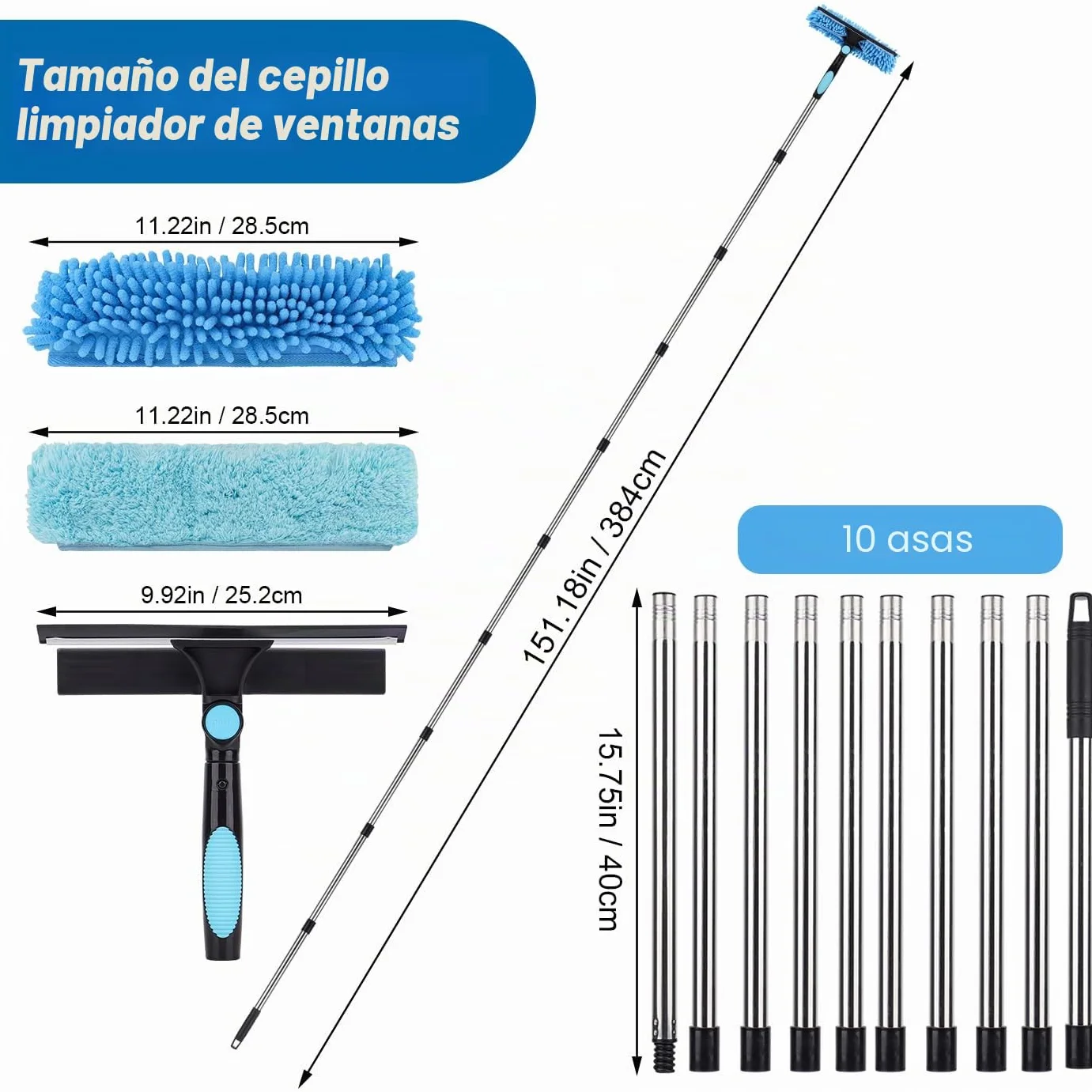 4.3m Limpiador de Ventanas Extensible, Equipo de Limpieza de Ventanas 2 en 1, Herramienta telescópica de Limpieza de Ventanas largas para Ventanas Altas de Vidrio de Coche, con 2 paños de