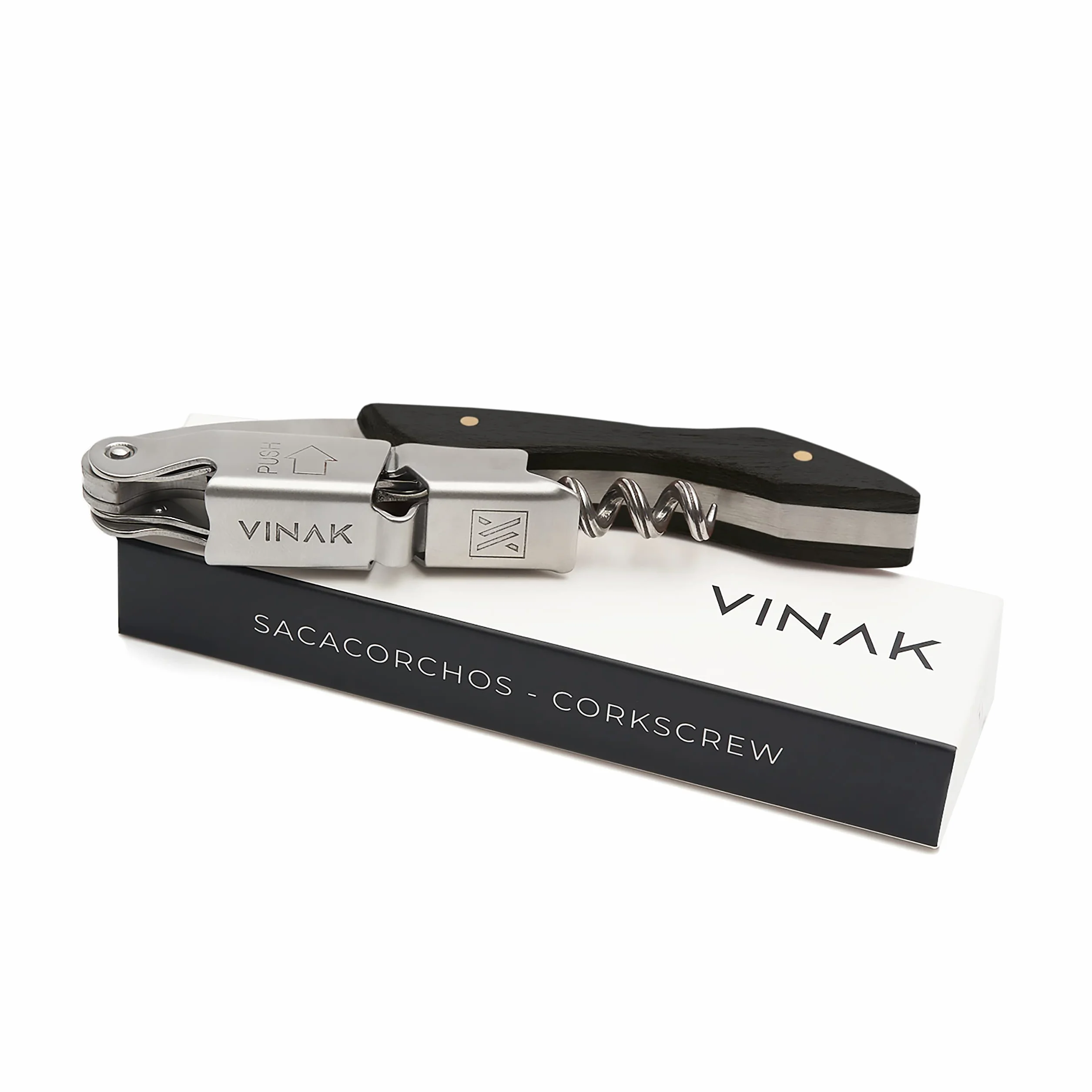 VINAK - Sacacorchos Camarero Profesional XPERT | Acero Inoxidable y Madera de Ébano | Doble Apoyo Articulado | Abrebotellas y Navaja Cortacápsulas | Espiral Profesional