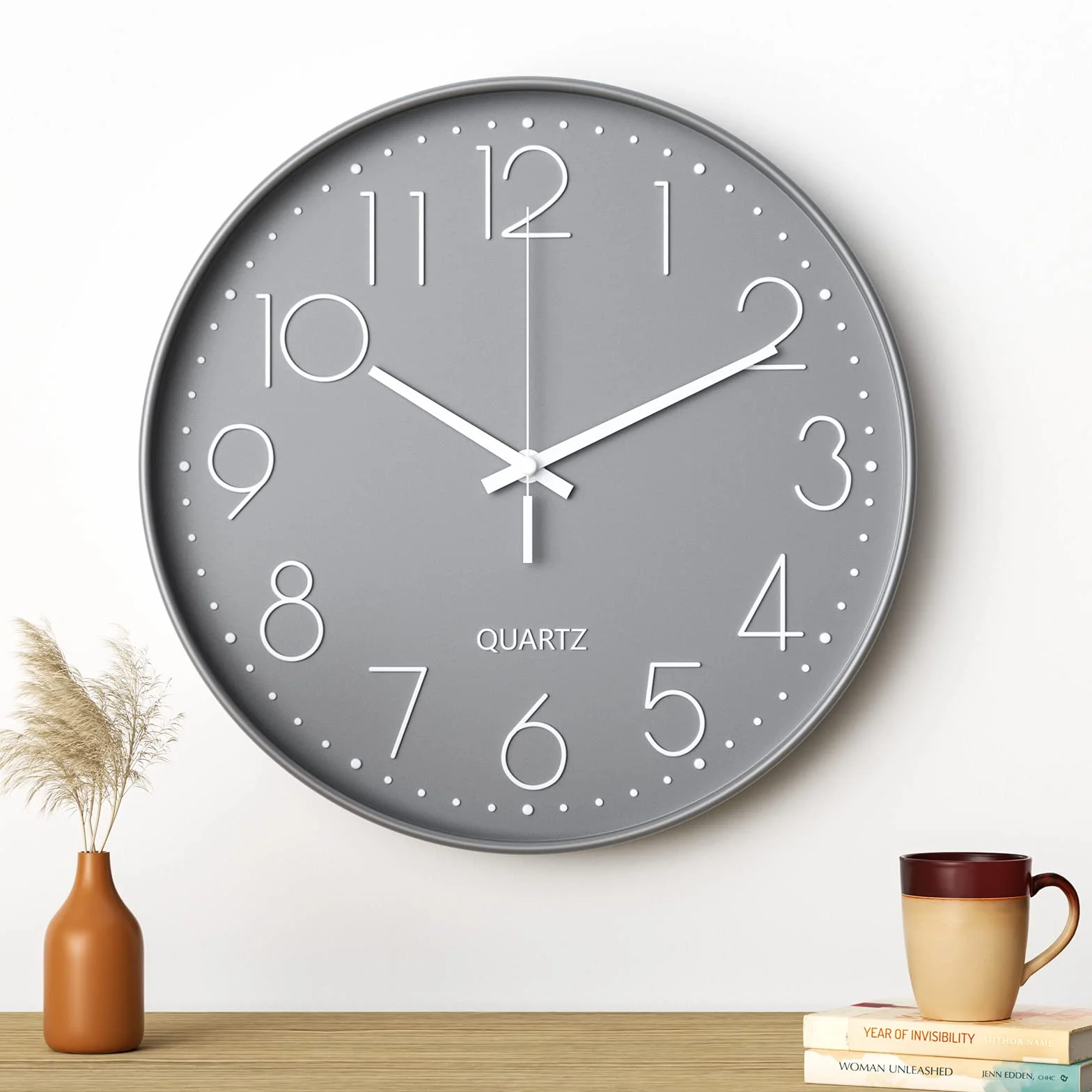 Uootach Reloj de Pared, 30CM Movimiento de Cuarzo silencioso, diseño Minimalista Moderno (Gris Caracteres Blancos)