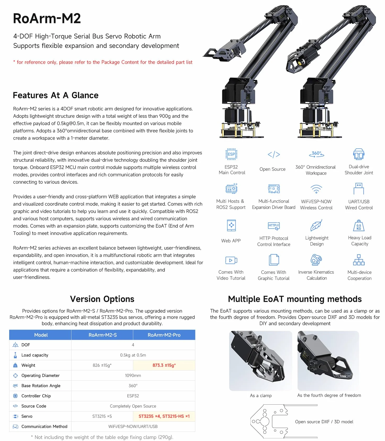 Waveshare Desktop Robotic Arm Kit-Lightweight Strong Load 4-DOF Support Expansion & 2nd Development ESP-Now Wireless Control Support Multi Upper Computers & ROS2, Open Source & Rich Learning Material