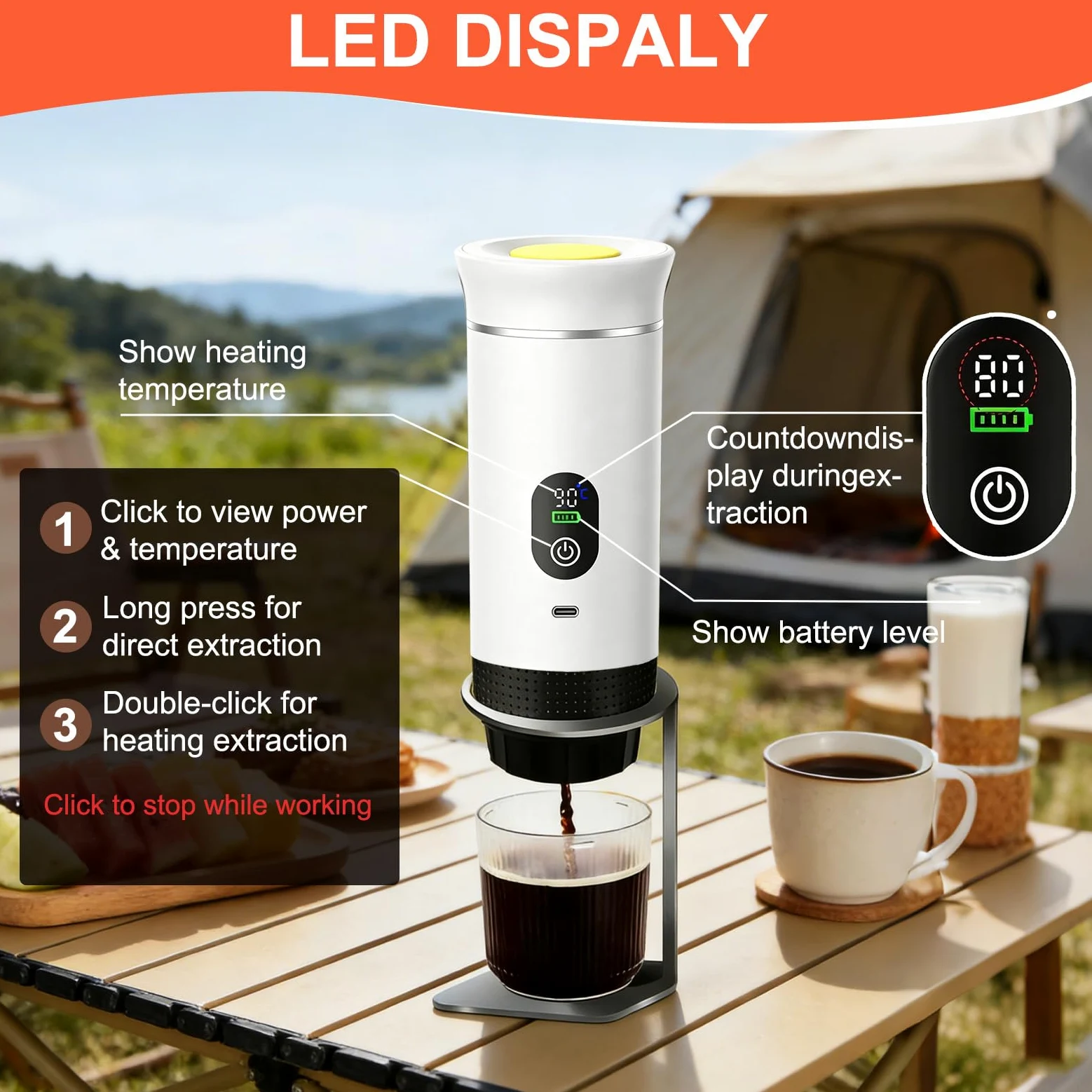 Mini cafetera de viaje 3 en 1 portátil con batería, máquina de café de viaje para coche, máquina de café espresso compatible con cápsulas y café molido para senderismo, oficina, autocaravana