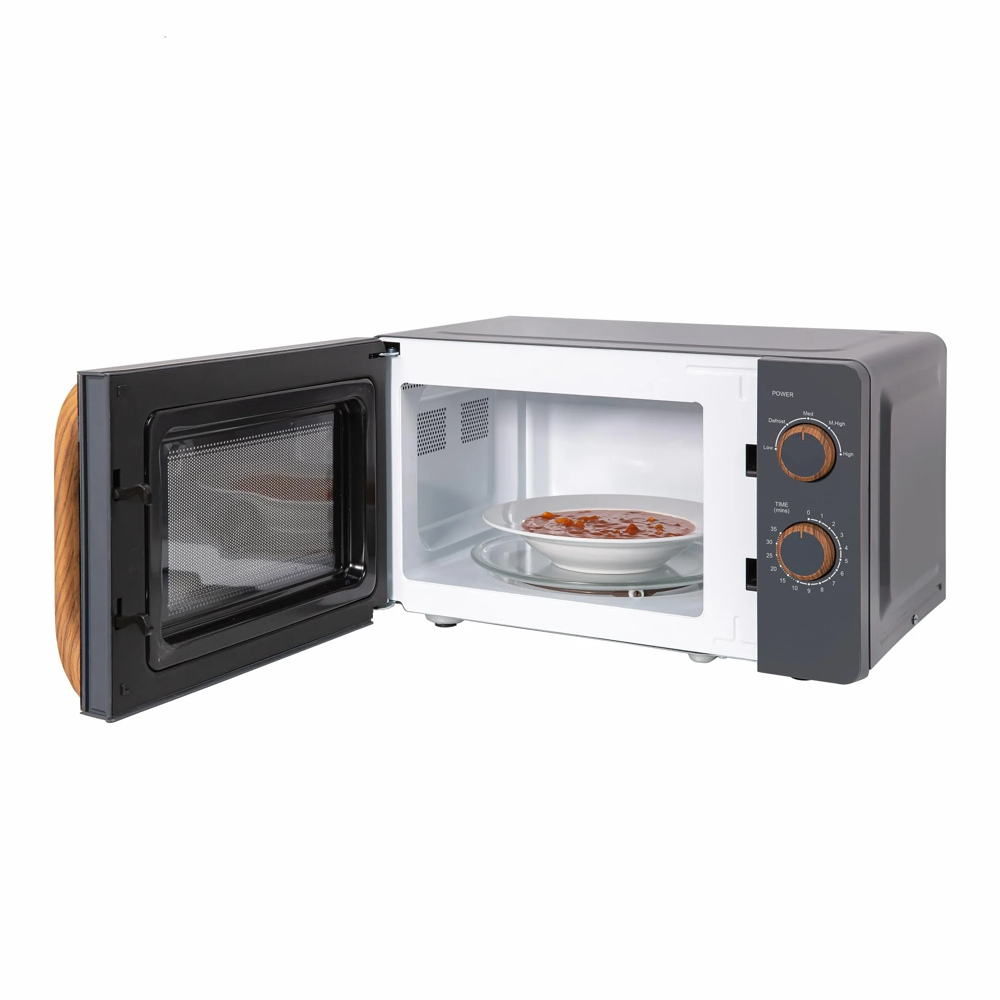 Russell Hobbs RHMM713G - Microondas manual compacto de 17 l y 700 W, estilo escandinavo, 5 niveles de potencia, maneta y diales con efecto madera, temporizador, función de descongelación, gris