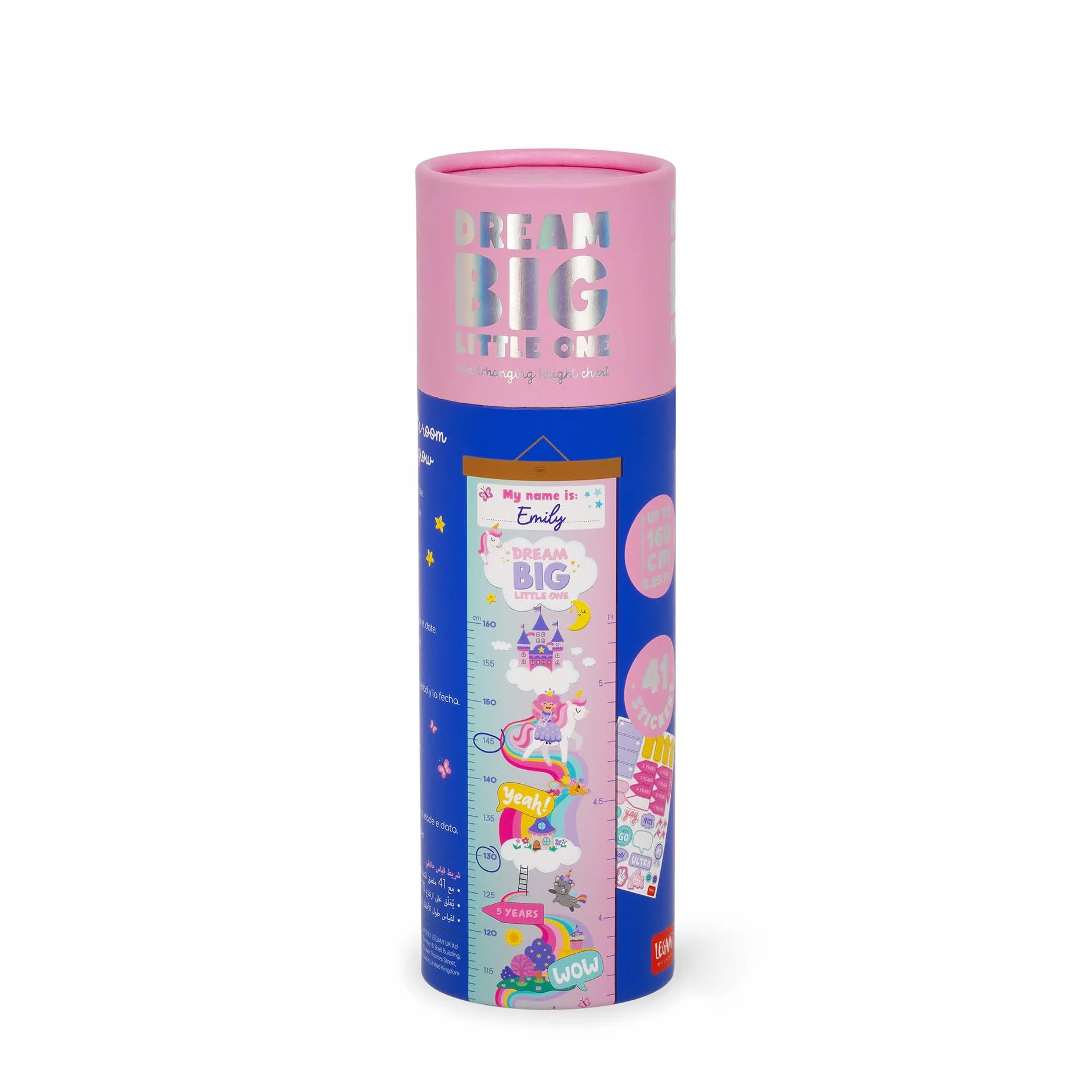 Legami Metro de Pared Dream Big Little One para Medir Altura Niños 160 cm 41 Pegatinas Listones Madera Unicorn