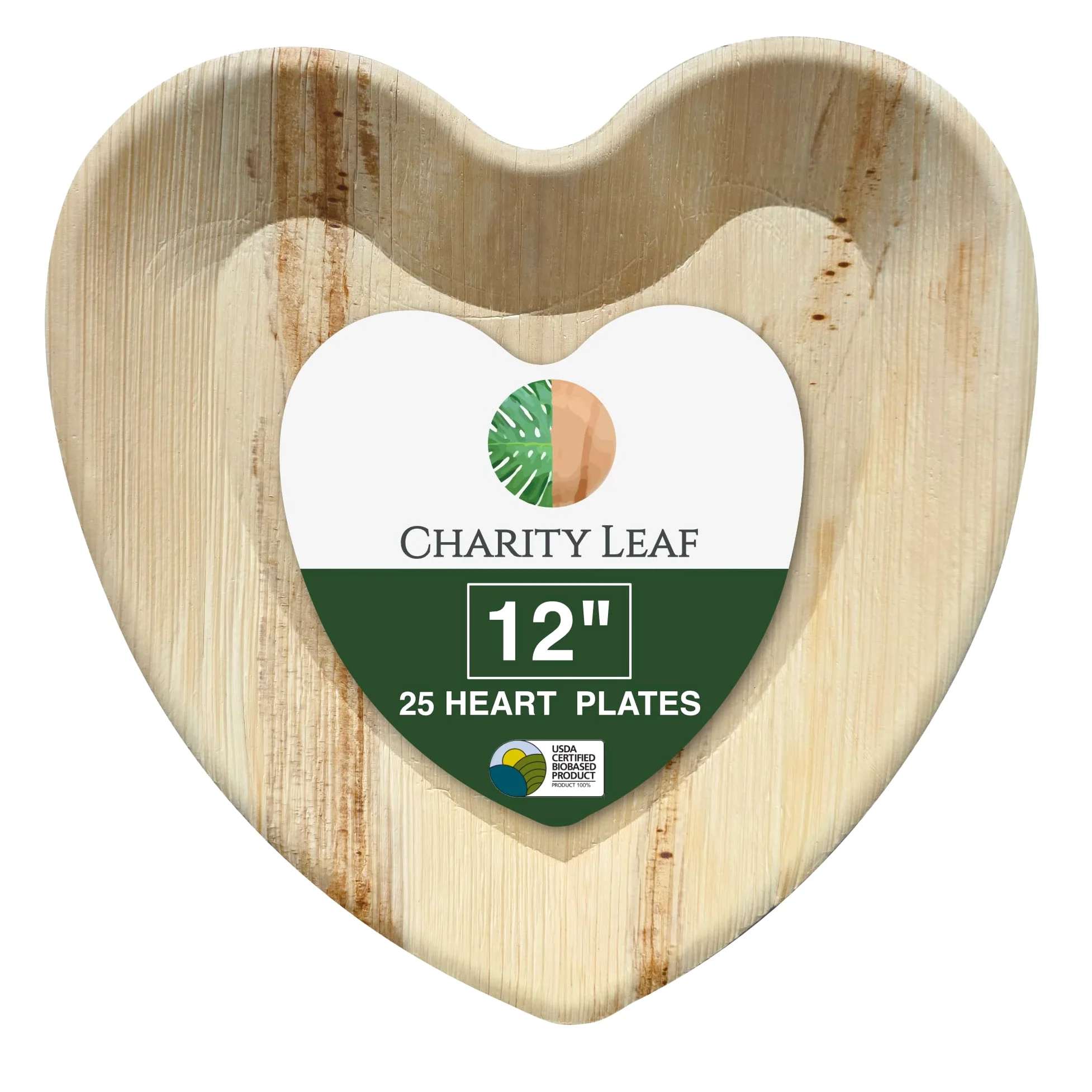 Charity Leaf Platos desechables con forma de corazón de hoja de palma de 12 pulgadas (25 piezas) de bambú, tablas desechables, vajilla ecológica para San Valentín, bodas, catering, eventos