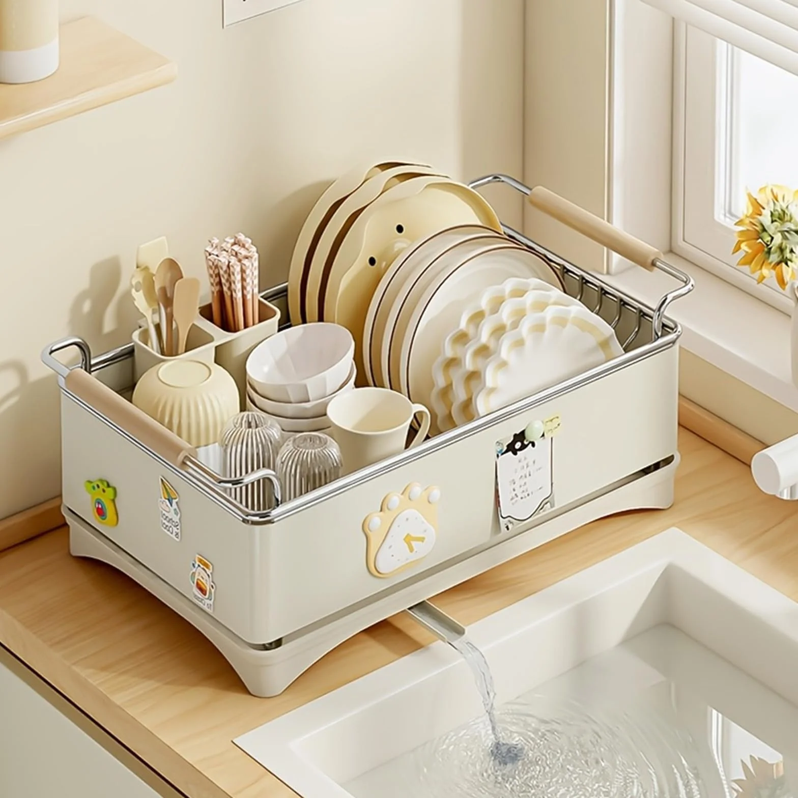 Escurreplatos con bandeja de goteo y soporte para cubiertos | Escurreplatos para cocina pequeña, caño giratorio 360°, acero inoxidable, escurridor para fregadero
