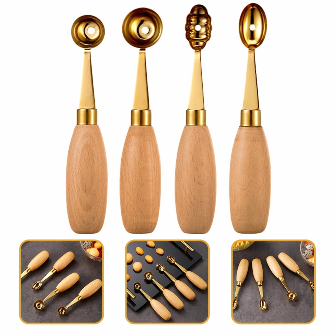 Hacer Bolas de Melón Juego de 4 Cucharas Redondas Fáciles de Usar de Acero Inoxidable y Madera Ideales para Postres Decorativos en Casa