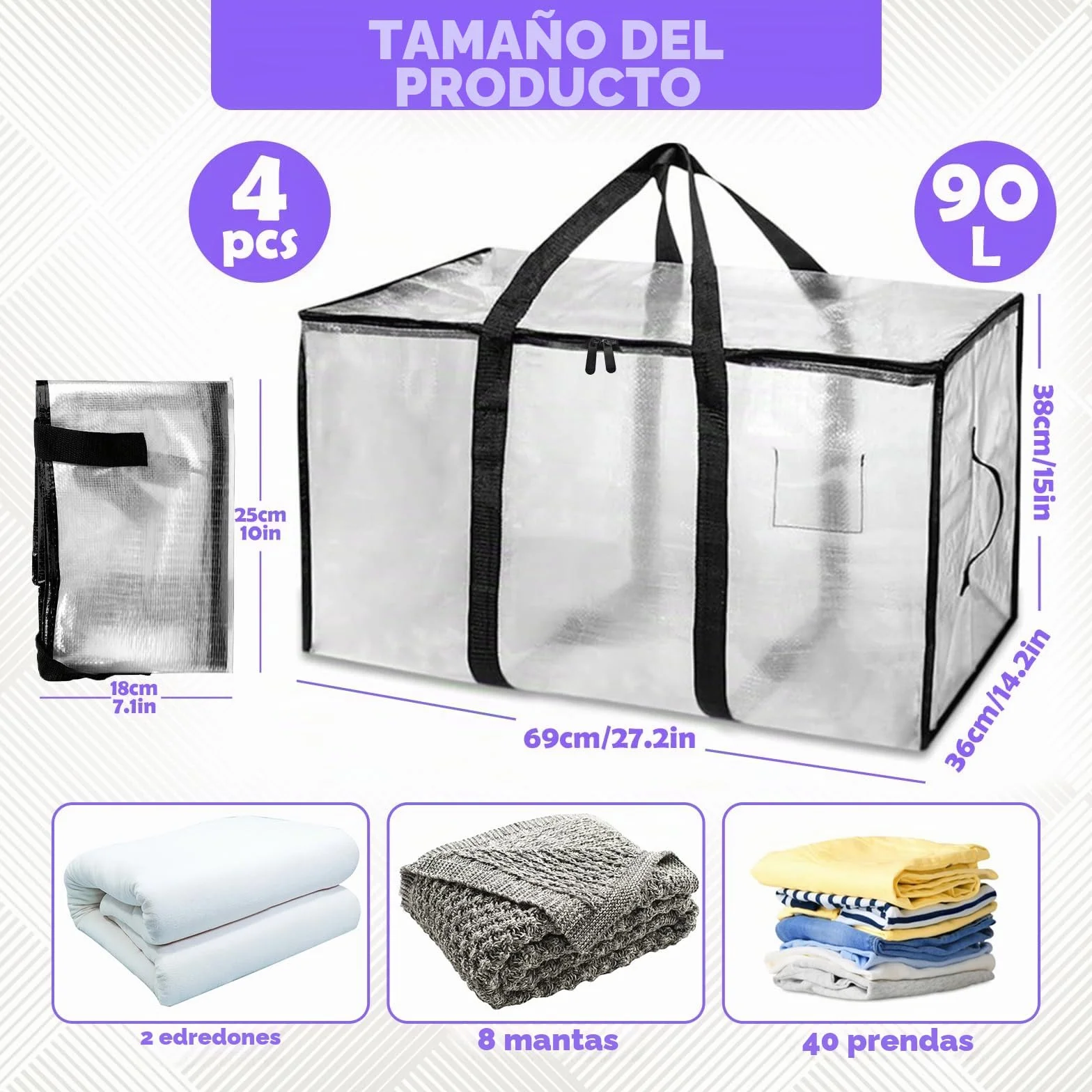 4 Piezas 90L Grande Bolsas Mudanza, Resistentes Bolsas Almacenaje Ropa con Correas Cremalleras y Asas, Alternativa a las Cajas de Mudanza, Impermeable Storage Bags para Guardar Ropa y Embalar