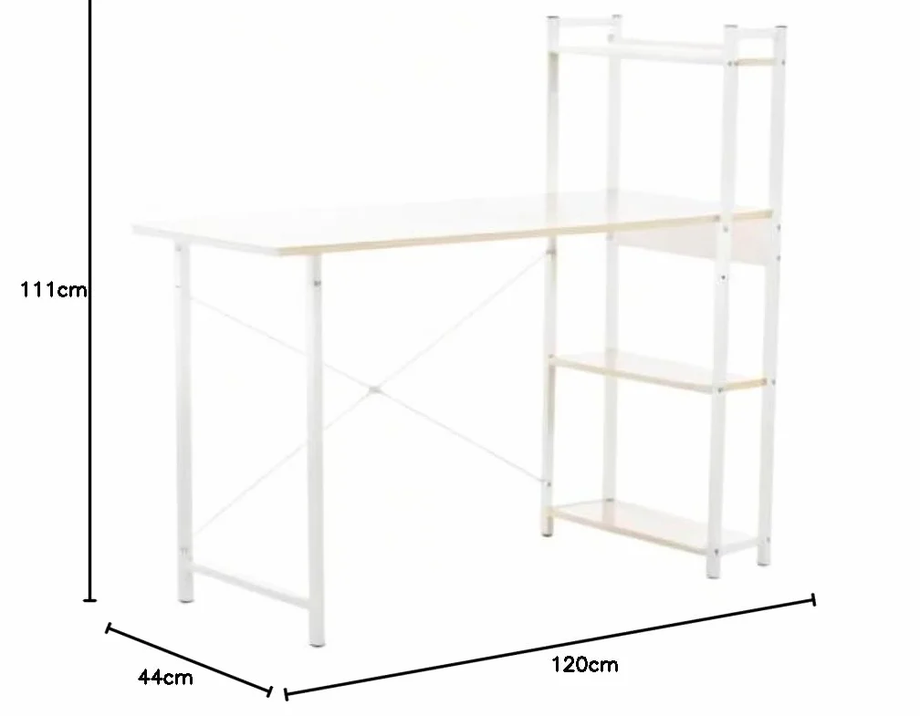 CLP Escritorio PoE De Madera con Estantería Lateral Movible I Mesa De Estudio con Estructura Metálica & 4 Estantes, Color:Arce