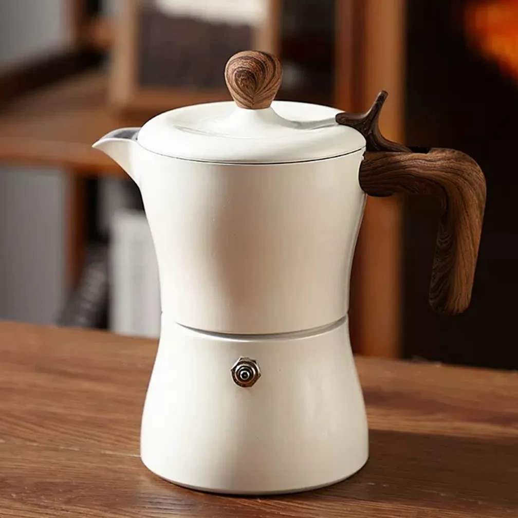 Cafetera Italiana para Espresso, 3 Tazas Cafetera Moka De Aluminio, Cafetera Moka con Asa De Madera(White)