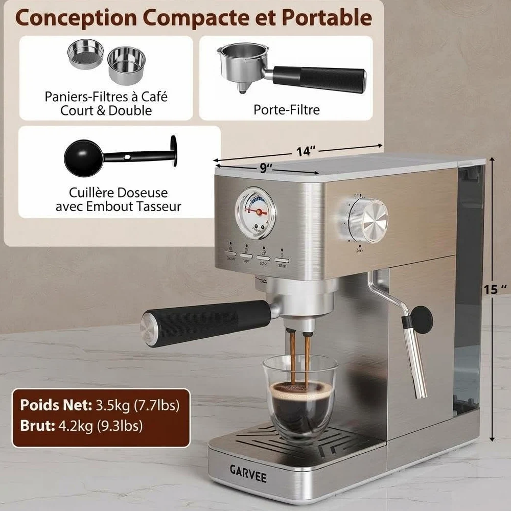 Acekool Máquina de espresso semiautomática 15 bares 1300W - Depósito 1,4L, manómetro, espumador manual - Calentador rápido, acero inoxidable, para café, capuchino, latte - plata (estándar europeo)