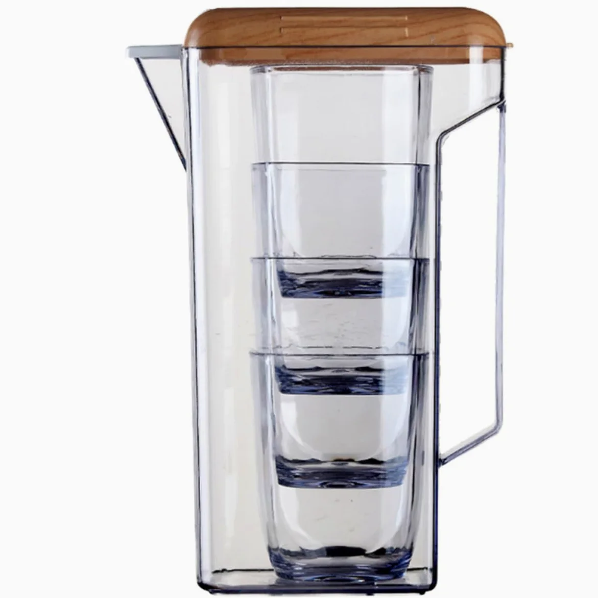 Jarra de Agua Fría de Plástico Asa 1600ml y Tapa Madera | As y Pp, Transparente, para Bebida Casera y Té Helado, Uso en Cena o Barbacoa