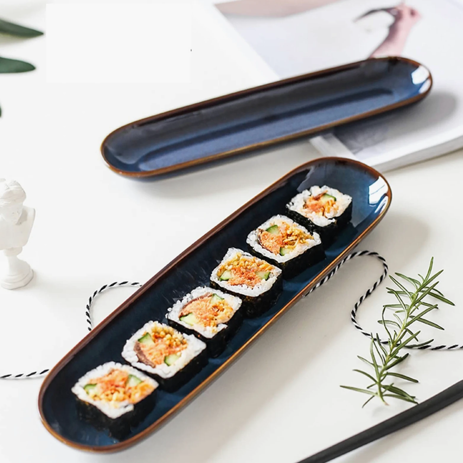 Platos Llanos Platos rectangulares de cerámica for sushi, plato de cocina de porcelana ovalada japonesa, plato largo grande de 15,7 pulgadas, apto for microondas/lavavajillas Platos postre(A)