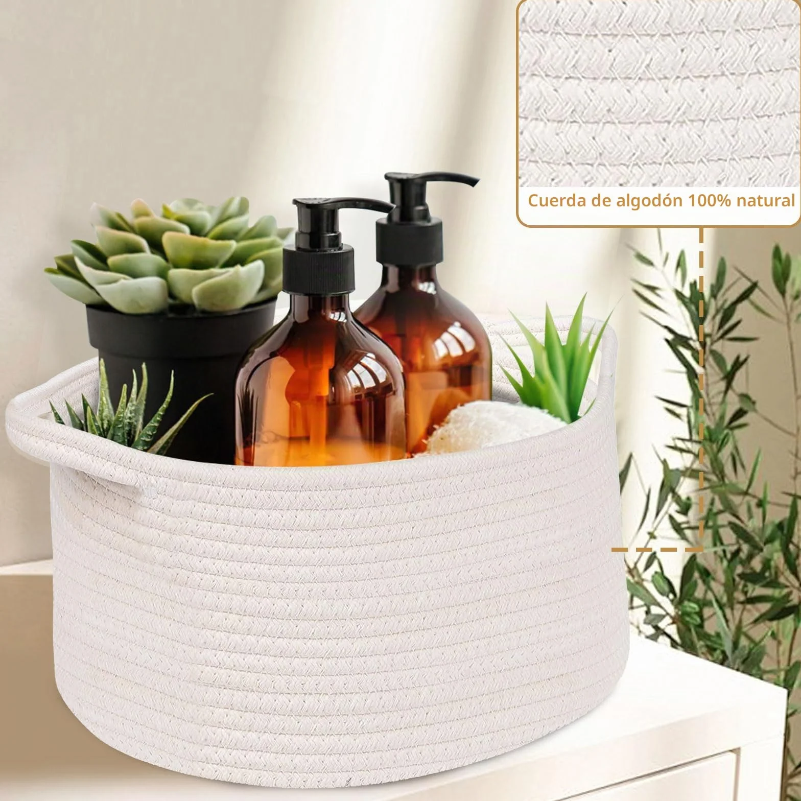 OUTBROS Cestas Almacenaje Tejida Cuerda Algodón Mango Almacenamiento Baño Dormitorio Armario Blanco