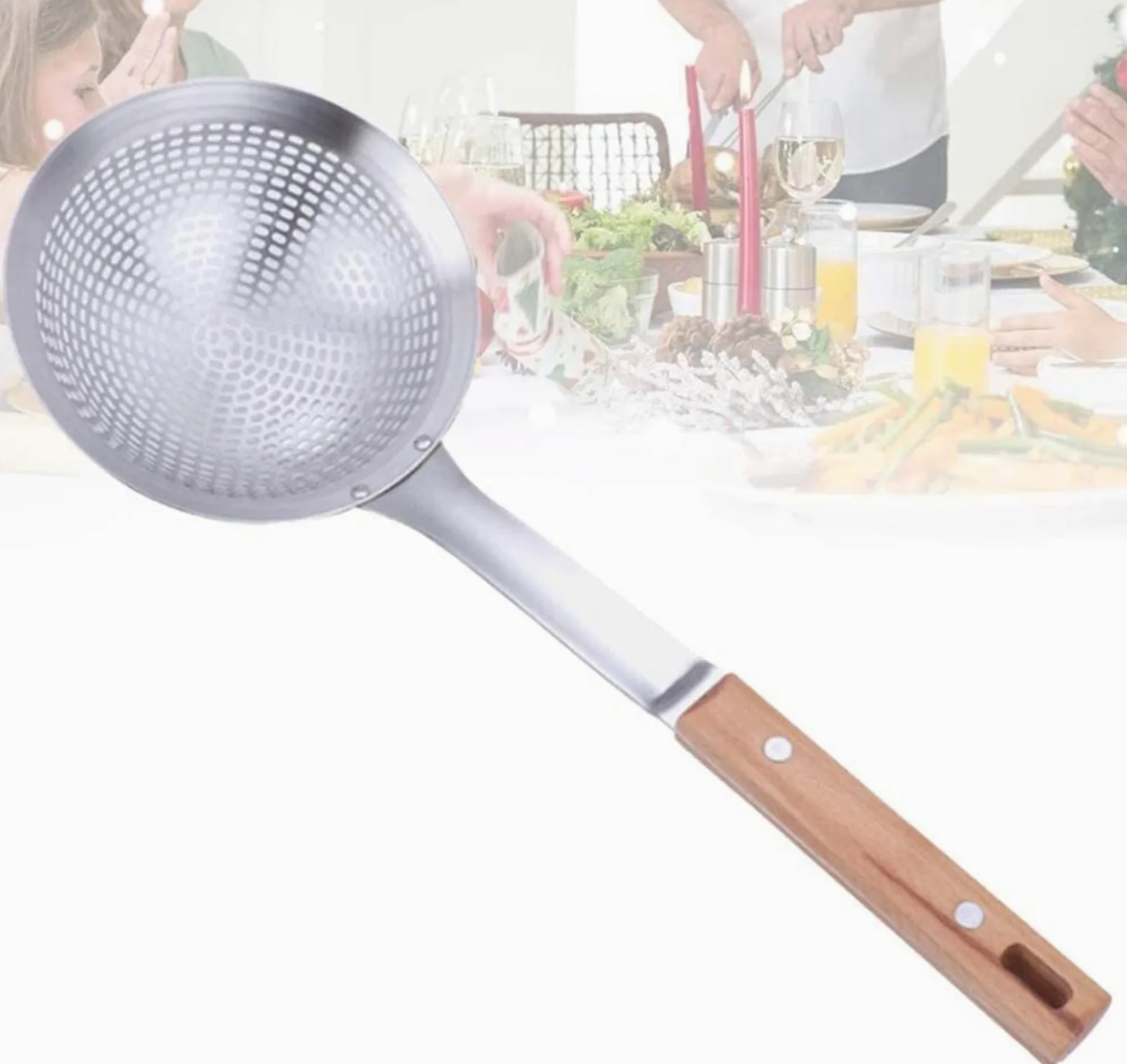 Colador colador tamices para cocinar utensilios de cocina, colador mango de madera colador acero inoxidable olla caliente drenaje cuchara fideos cuchara utensilios de cocina para restaurante hogar (
