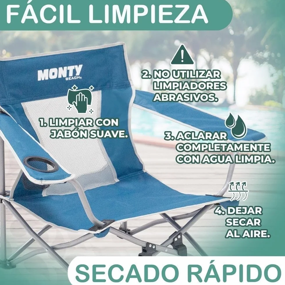 Silla playa y camping plegable cierre tijera acero pintura Epoxi anticorrosión tejido Oxford 600 D azul respaldo malla transpirable portavasos bolsa transporte reposabrazos