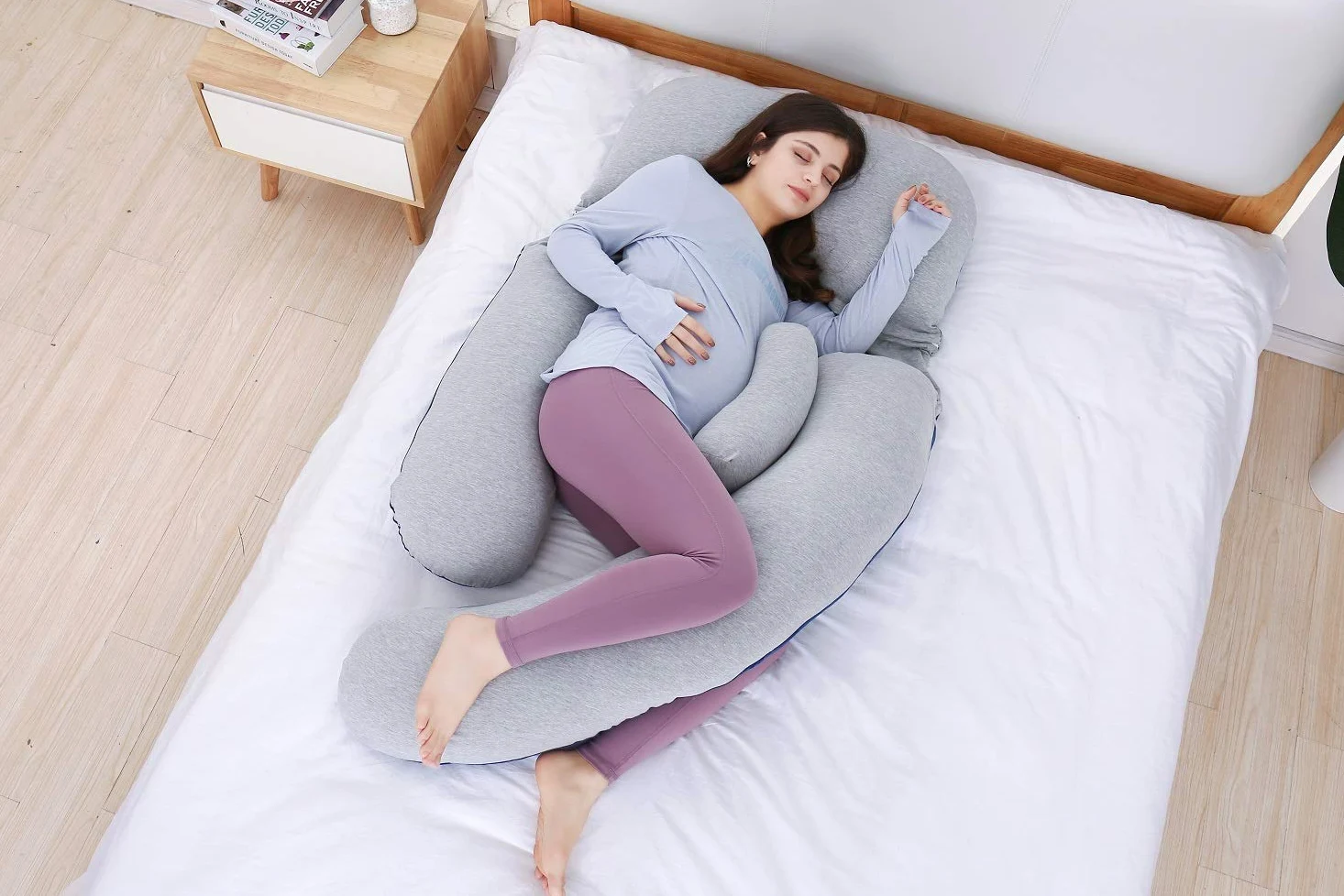 Pulgadas Almohada Maternidad y Embarazo | Almohada Extra Grande en Forma de U con Lado Desmontable, Almohada de Apoyo Independiente y Funda extraíble (Azul,Gris)