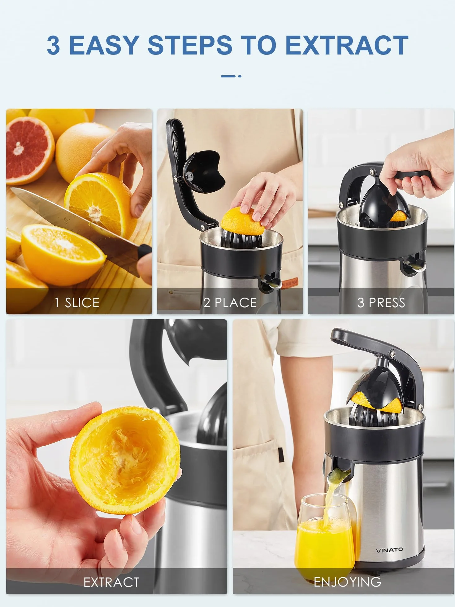 Vinato Exprimidor Eléctrico de Naranjas, 2 Conos para Todos los Cítricos, Cuerpo y Filtro de Acero Inoxidable Exprimidor Eléctrico Exprimidor Eléctrico, 85W