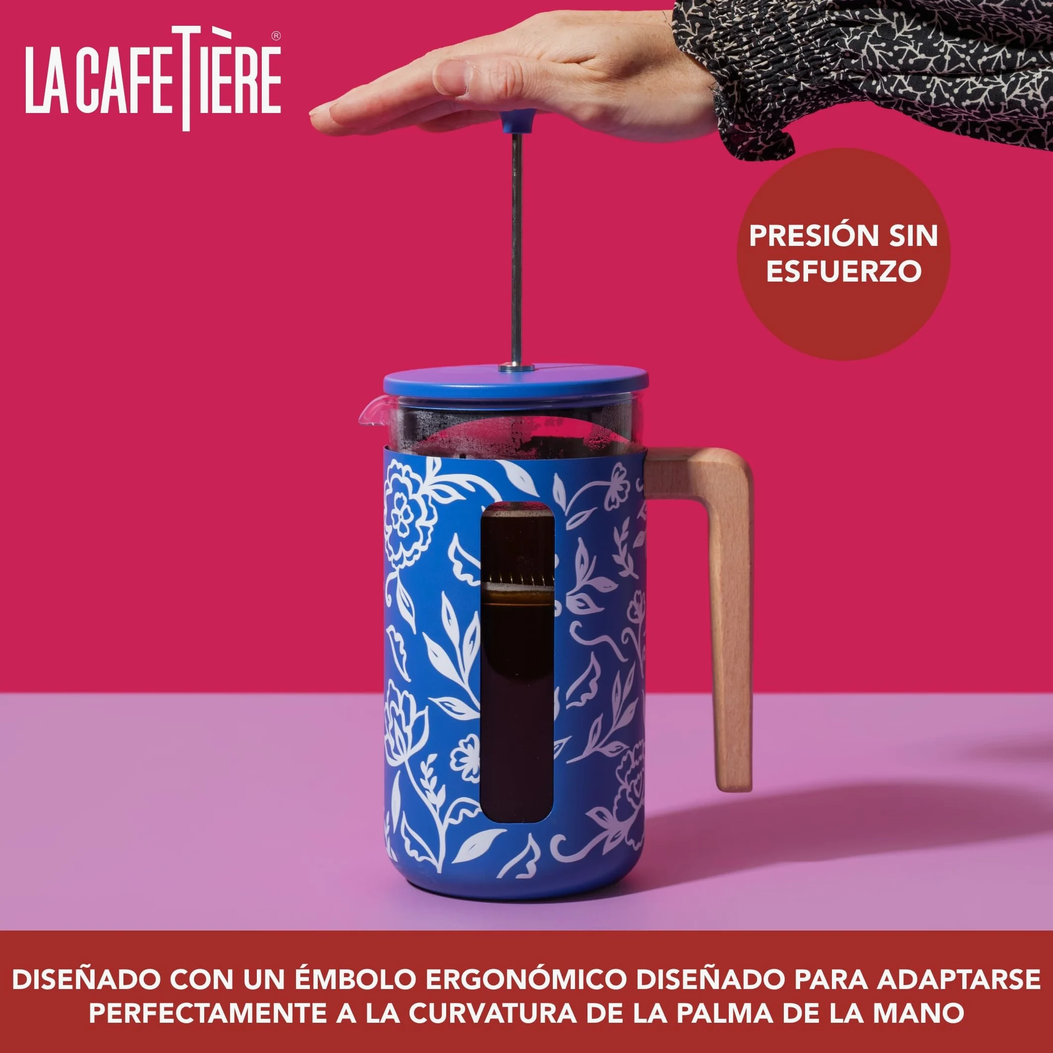 La Cafetière Pisa - Cafetera grande de prensa francesa de 8 tazas con diseño floral, cerámica resistente al calor de 1 L con émbolo de fácil agarre, ideal para té suelto y café molido, Blu Fiorato