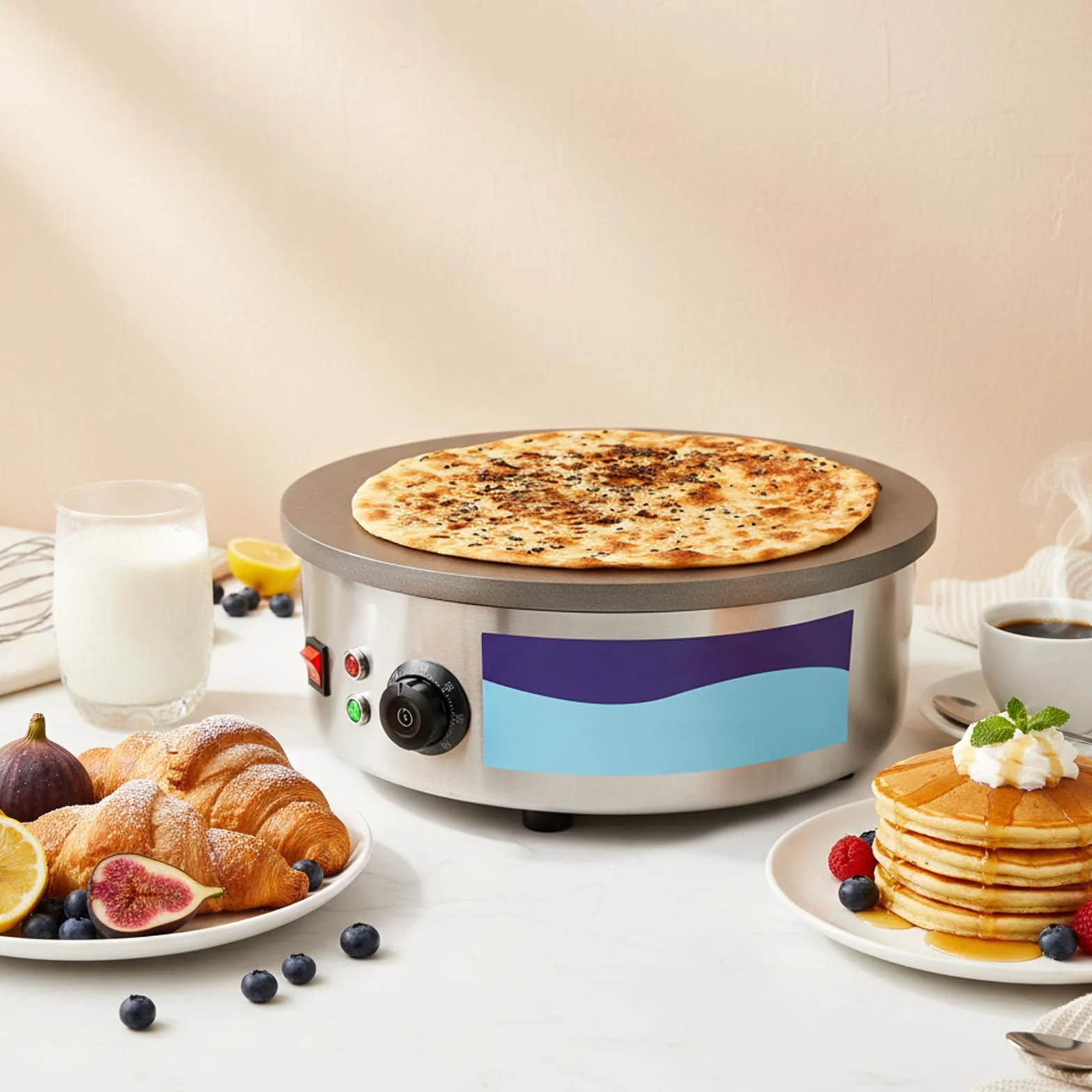 45 cm Crepes eléctrico 3000 W Gastro – Plancha profesional de hierro fundido para crepes Gözleme, Yufka & Pancakes – Máquina para crepes 50 – 300 °C, con espátula y distribuidor