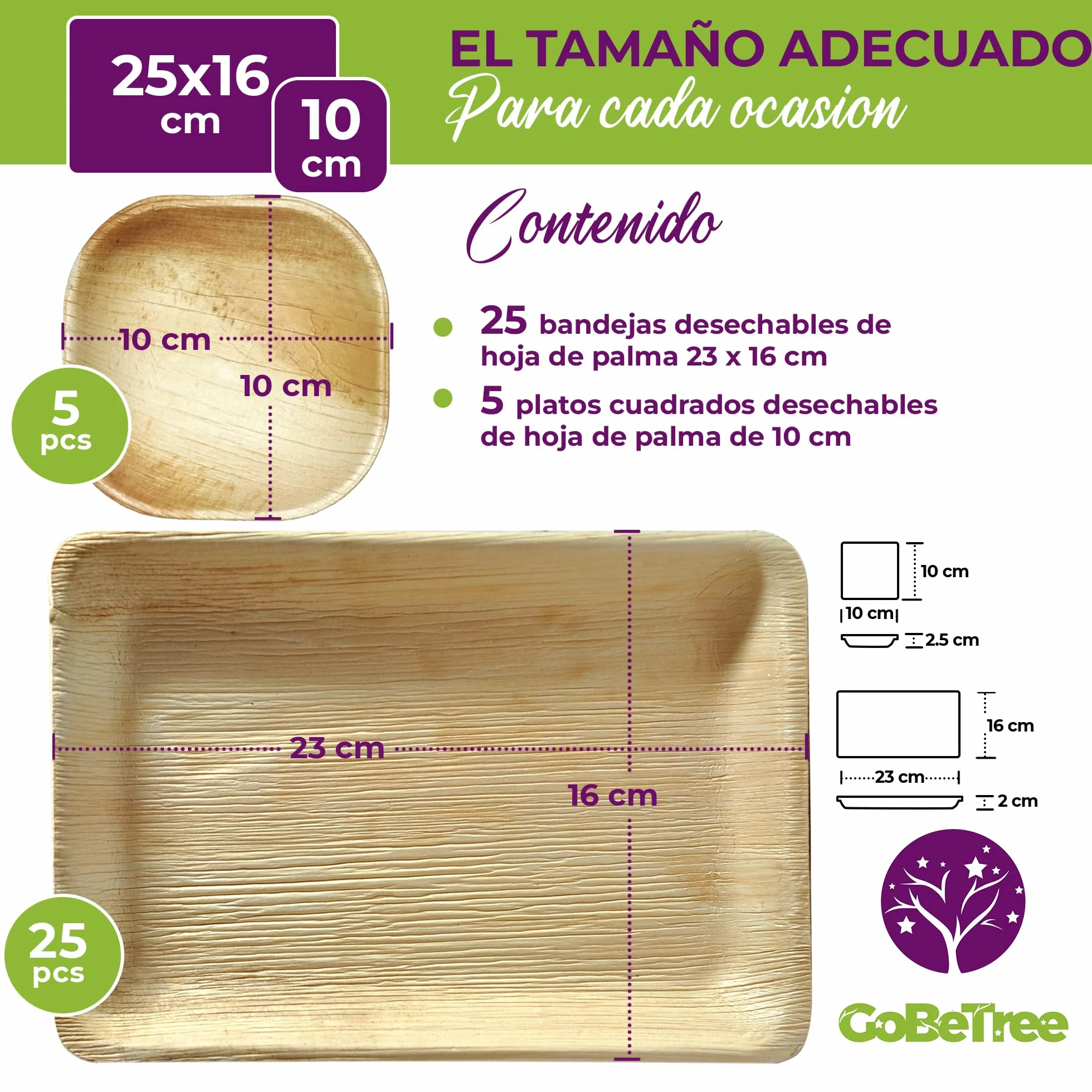 GoBeTree 30 Platos Desechables de Hoja de Palma 23x16 cm. Bandejas Rectangulares Elegantes Estilo Bambú para Tapas, Entrantes y Postres, Vajilla Rústica