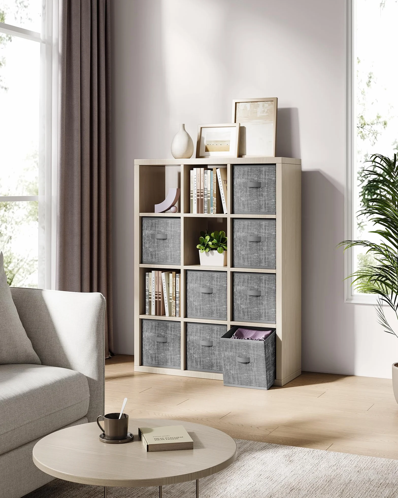 SONGMICS Cajas de Almacenaje, Juego de 8 Cajas de Almacenaje de 28 cm de Tela no Tejida, con Asas Dobles, Organizadores de Cubos, para Estantería, Plegables, para Ropa, Gris Espadaña ROB826G01