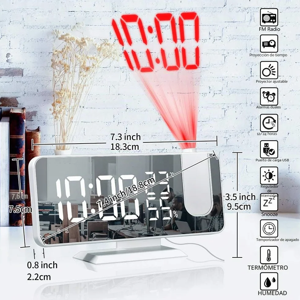 Despertador de proyección, Despertador Digital LED con Superficie de Espejo, Puerto de Carga USB, repetición, Doble Alarma, Radio FM, Modo de 3 atenuaciones, Humedad de Temperatura, Ajuste