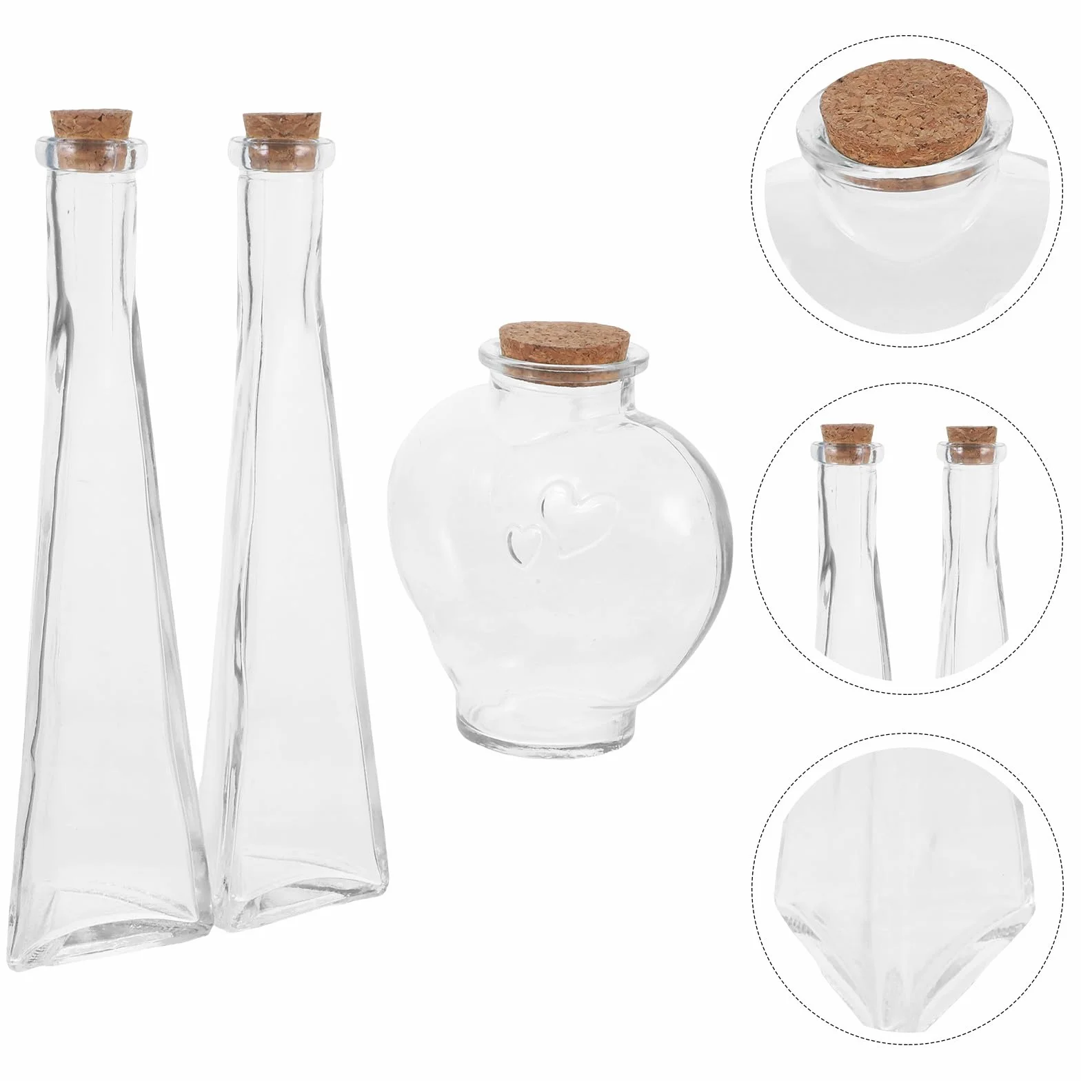 Genérico Botellas de Deseos en Forma de Corazón Prismático para Ceremonia de Arena de Boda, Frascos Decorativos de Vidrio Tapa de Corcho, 3 Piezas para Ritual de Aniversario