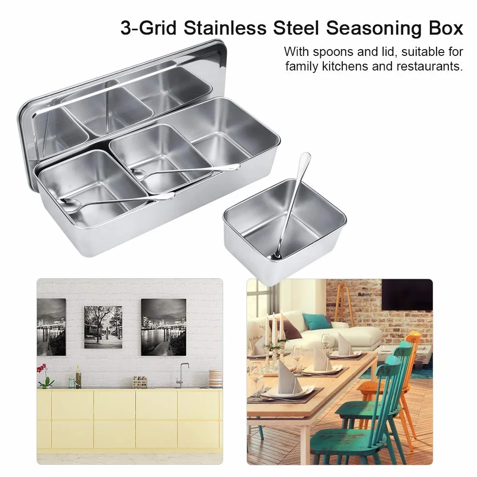 SIXRUN Caja de especias de acero inoxidable, juego de vidrio, tapa de cuchara, 3 rejillas para el hogar, contenedor de especias, cocina, restaurante