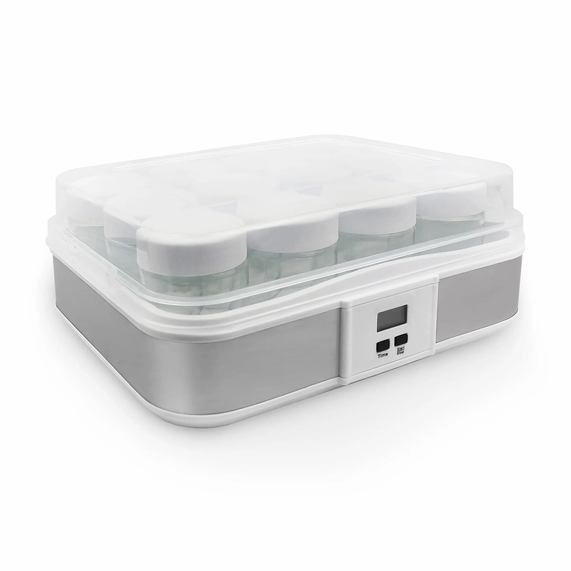 Leogreen - Yogurtera, Máquina para Yogur Natural y Saludable, 12 tarros, con el contador de tiempo, 30,6 x 25 x 12,4 cm, Blanco, Capacidad por frasco: 0,21 L, Ajuste del temporizador: 0-15 horas