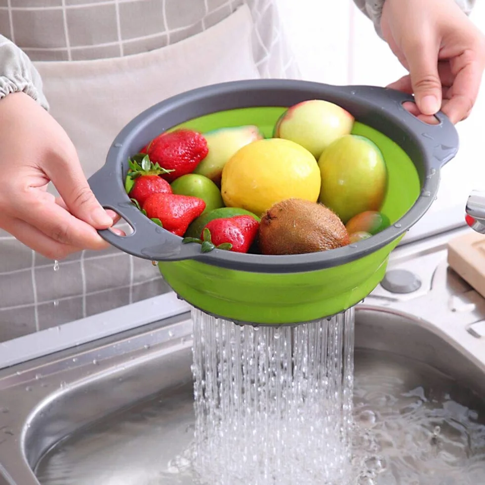 QiMH Juego de 3-2 coladores plegables de 4 cuartos y 1 colador de 6 cuartos de galón sobre el fregadero, base de plástico resistente de grado alimenticio, colador de alimentos plegable de silicona