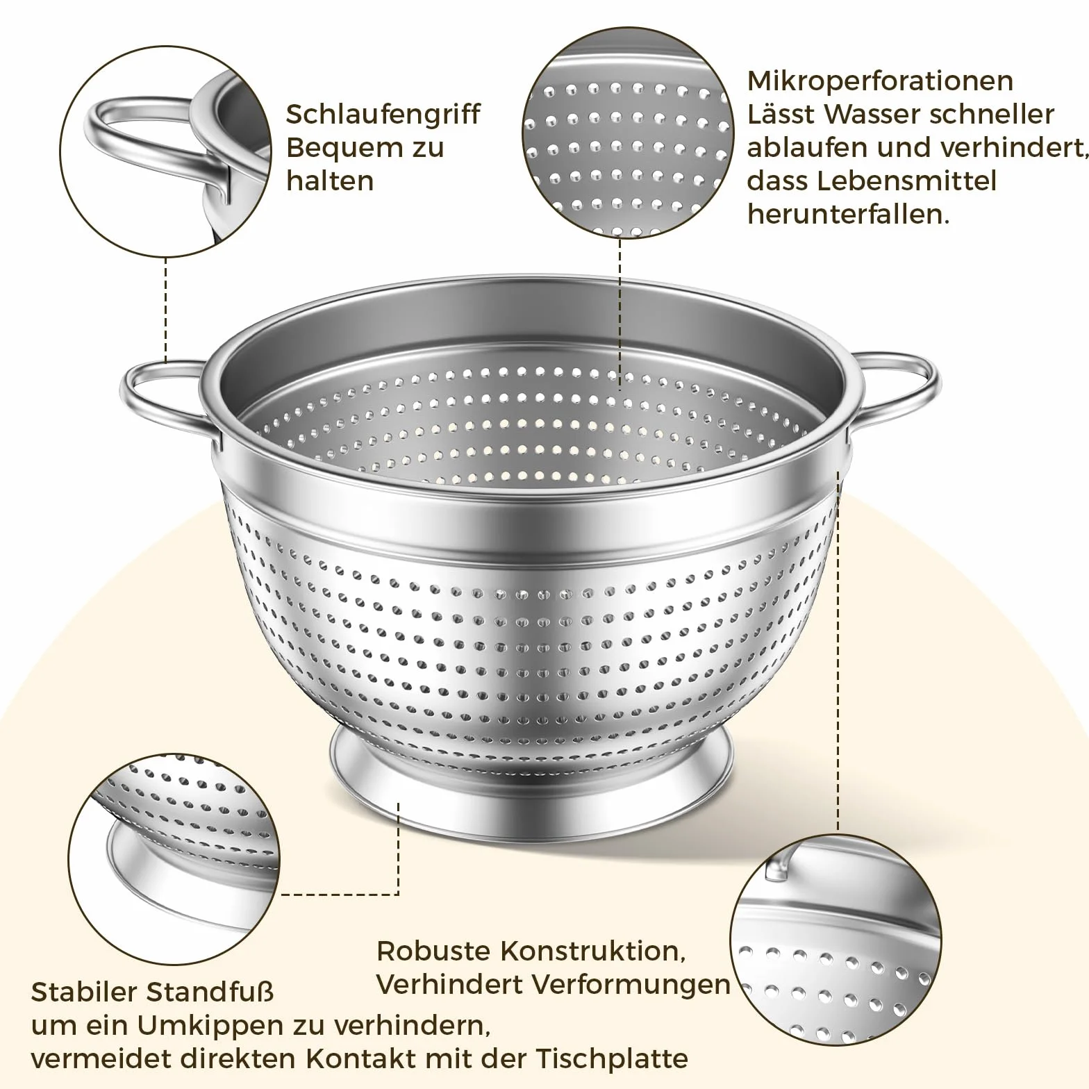 Juego de 3 coladores coladores de acero inoxidable, colador de cocina, colador de pasta de 20/24/26 cm, colador de cocina de metal con asa, colador de malla fina para lavar pasta, verduras, frutas y
