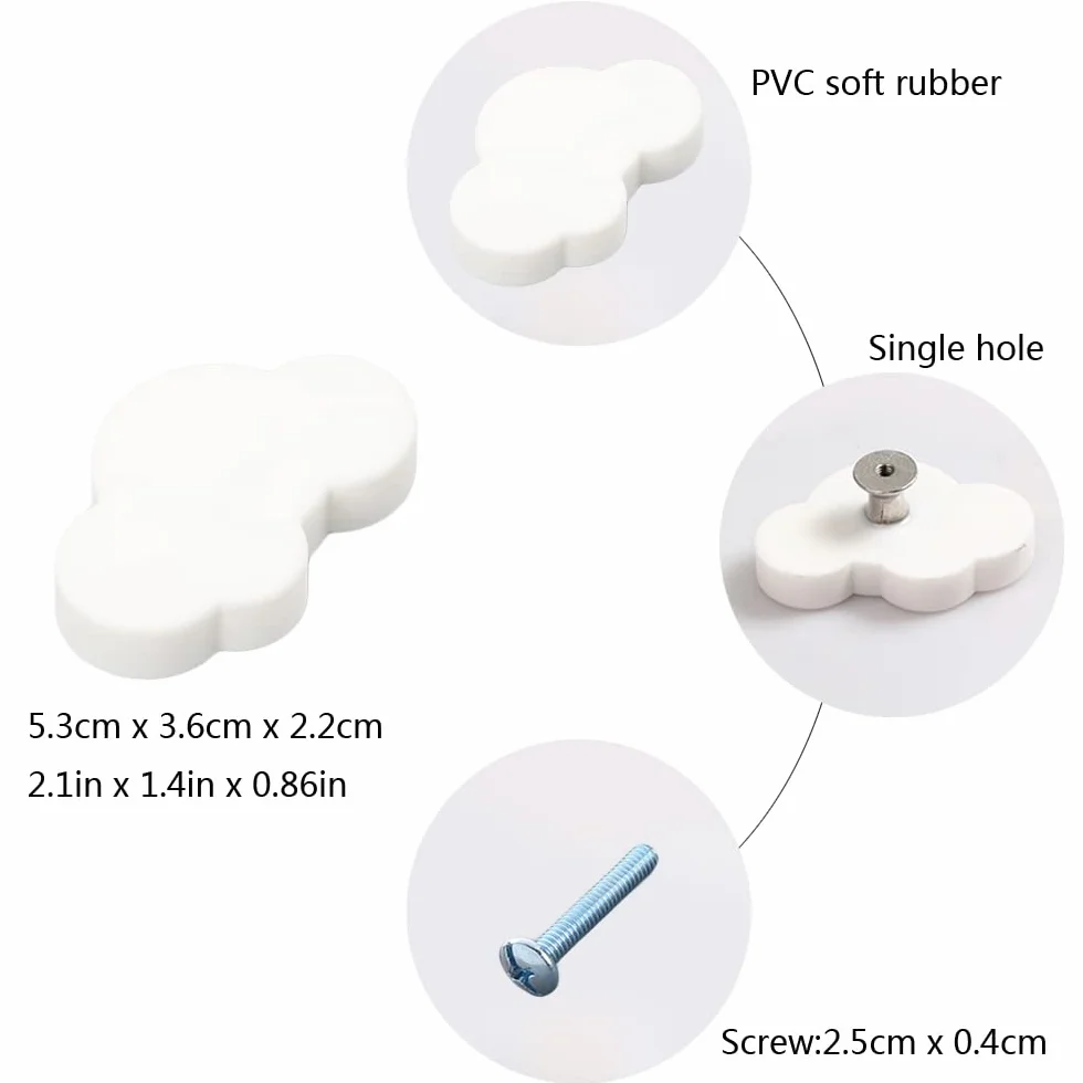 Juego de 6 pomos de armario para habitación infantil, diseño de nubes, color blanco