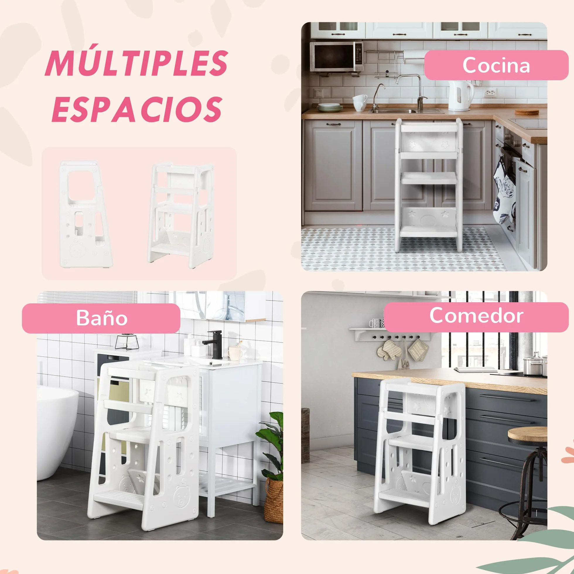HOMCOM Torre de Aprendizaje para Niños Taburete Infantil Altura Ajustable 3 Posiciones Plataforma Antideslizante 47x47x90 cm Blanco