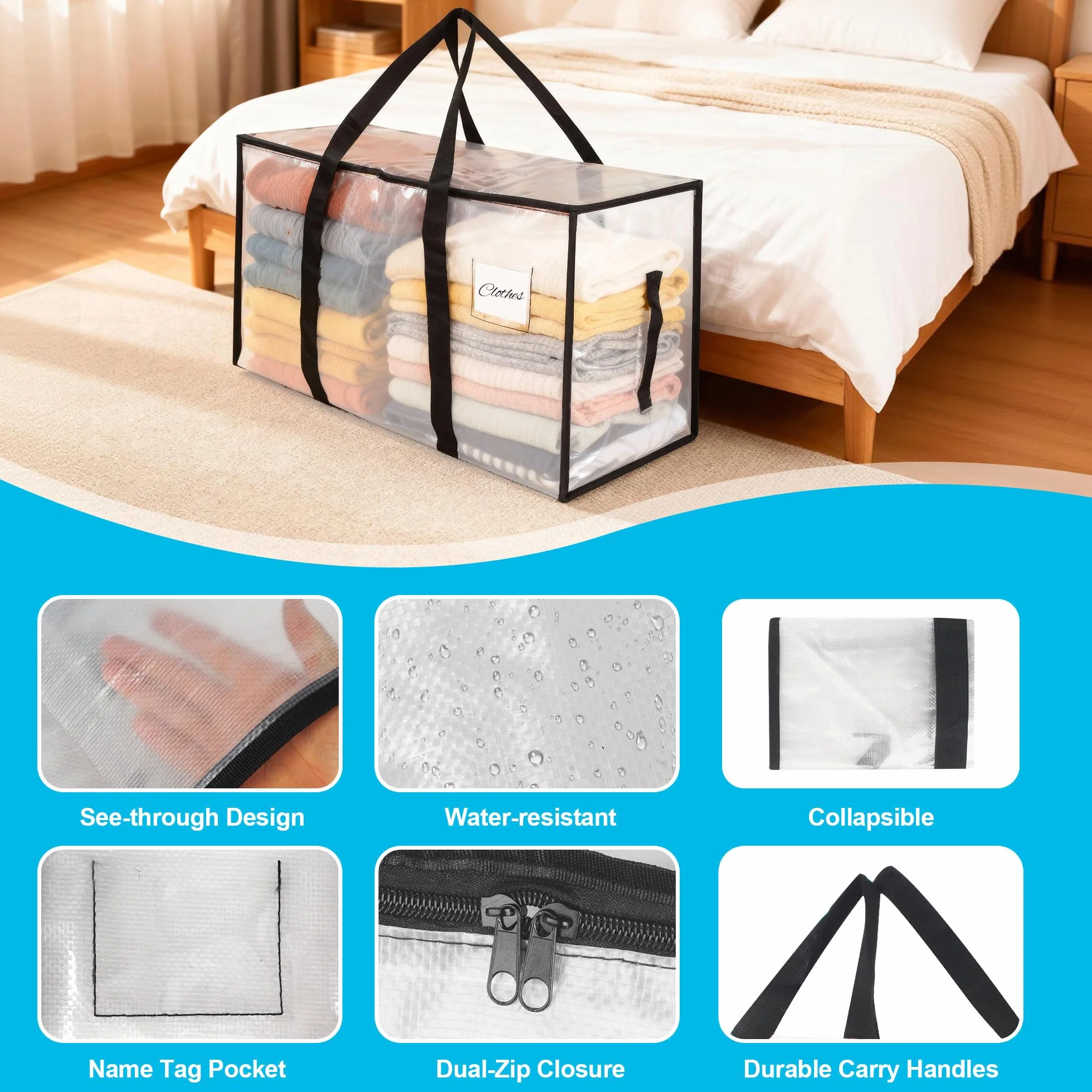 Paquete de 6 bolsas de almacenamiento grandes de 95 litros con tapa, cajas de mudanza transparentes, plegables y resistentes con cremallera y asa,para mudanzas,camping y almacenamiento de ropa de cama