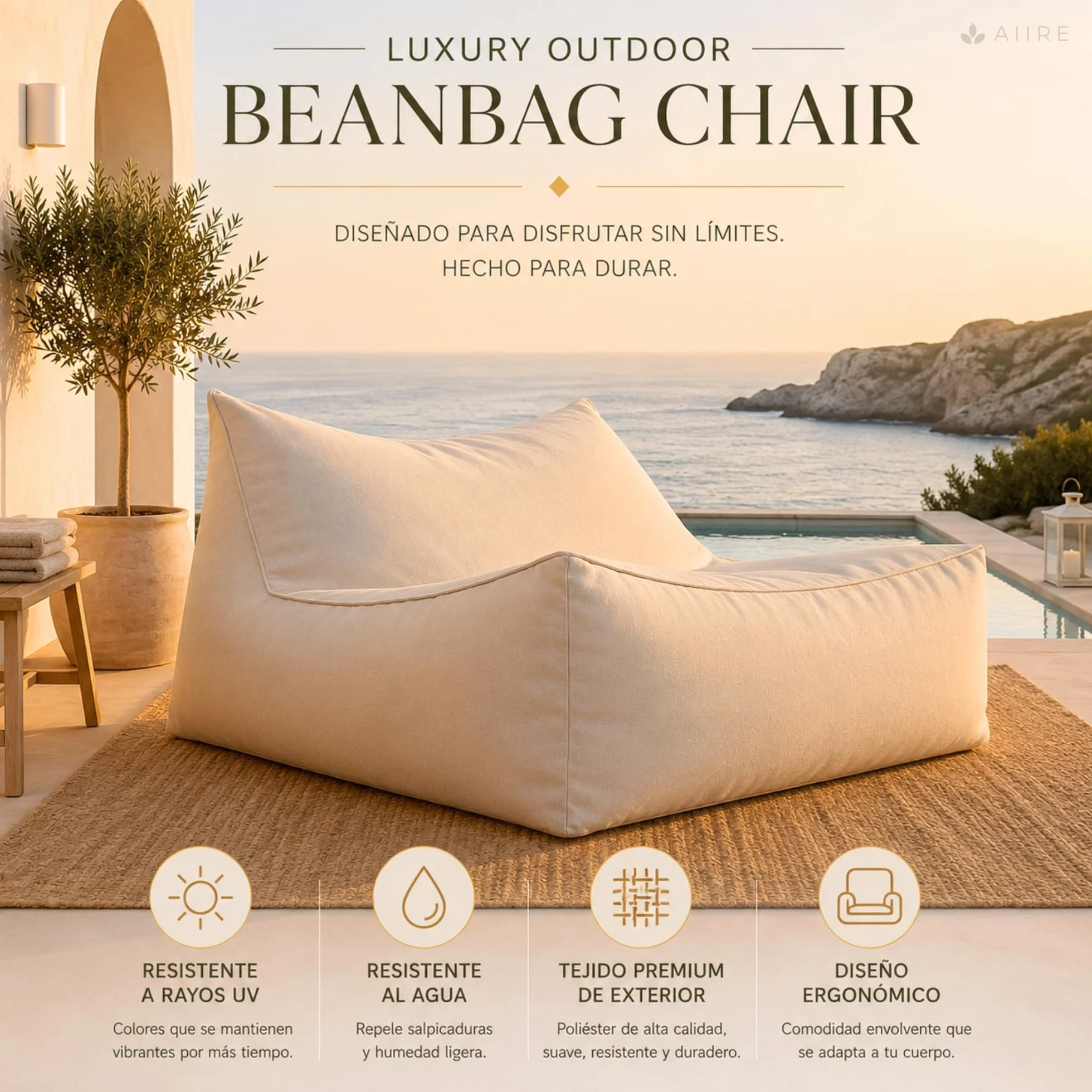 Aiire Puff Exterior Jardín Moderno - Sillón Puf con Relleno Incluido para Piscina, Terraza o Salón - Tejido Premium Resistente al Agua y Rayos UV - Bean Bag Chair de Lujo XXL Beige