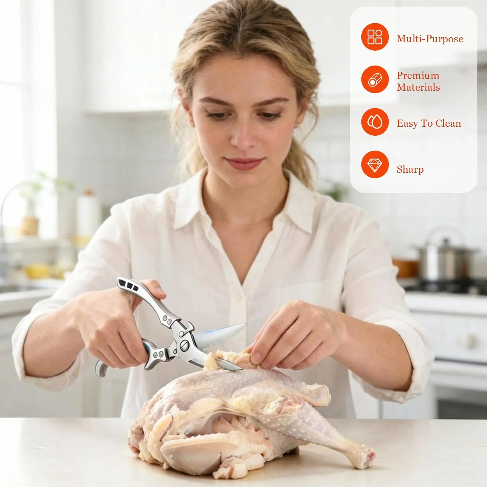 Tijeras Cocina de Acero Inoxidable, Tijeras para Aves de Corral, Tijeras para Pollo Arcos, para Huesos, para Carne, Pescado, Huesos y Verdurascon Cierre de Seguridad y Mecanismo de Resorte