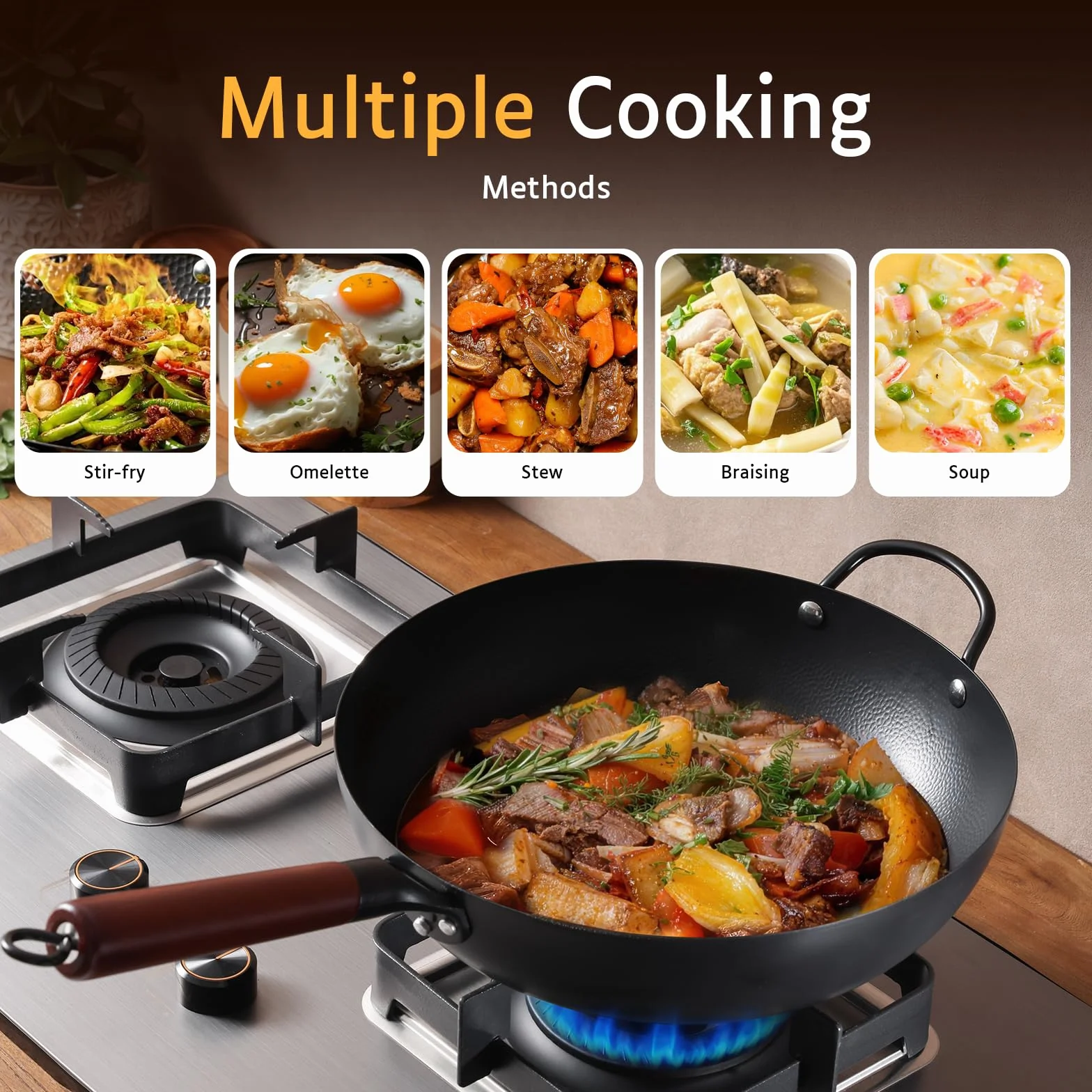 Kordisen Wok de Acero al Carbono 32cm con Tapa, Mango de Madera, Fondo Plano para Inducción y Gas, Antiadherente Natural, Gran Capacidad para 3-6 Personnes, Sartenes para Saltear Estilo Asiático | 17 cm Flachboden für Induktion, Gas, Elektro und Glaskeram